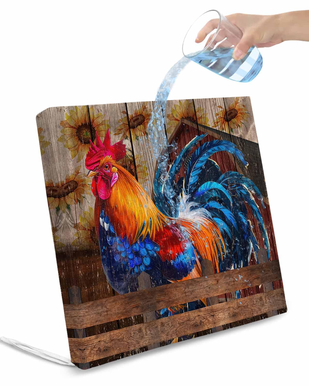 Homechoid Farmhouse Rooster Indoor Outdoor Couch Cushion Covers Replacement 4 Pack, Rustic Sunflower Farm Wood Grain Brown Waterproof Chair Sofa Seat Cover with Ties 22x20x4