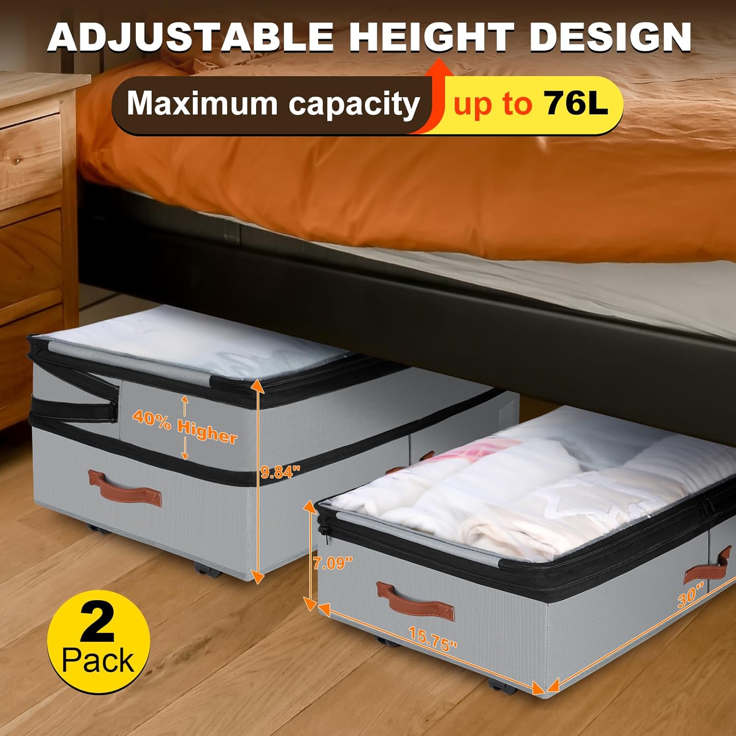 2 Pack Under Bed Storage with Wheels, Adjustable-Height Rolling Storage Containers with Clear Lids, 76L XXL Durable Underbed Organizer Bins for Clothes, Shoes, Blankets, Bedroom, Dorm, Closet - Gray