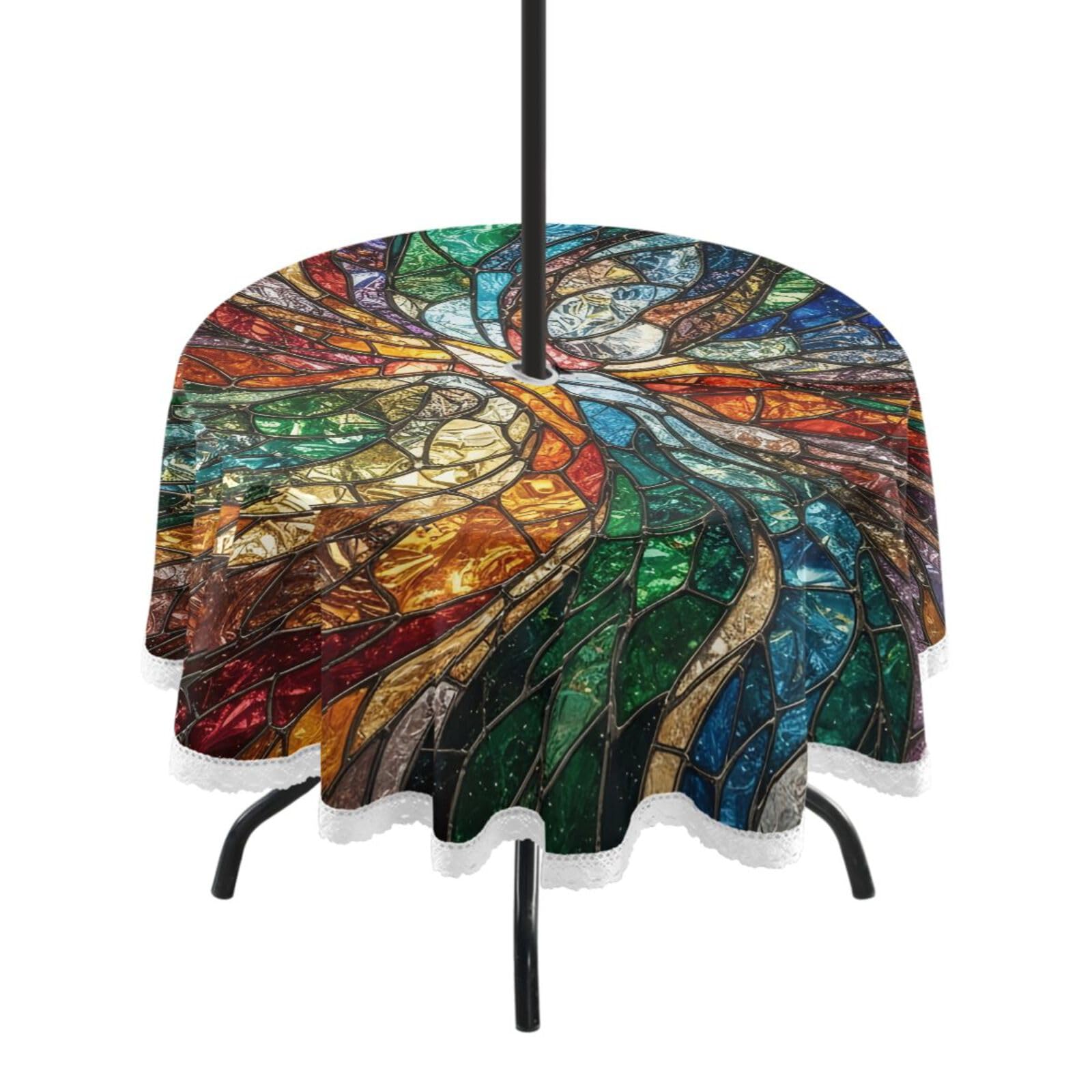 Ttgoth Stained Glass Patterns Outdoor Table Cloth 152 cm Water Stain & Resistan Tablecloth Wipeable Table Cover with Parasol Hole & Zipper for Garden Patio Party Picnic