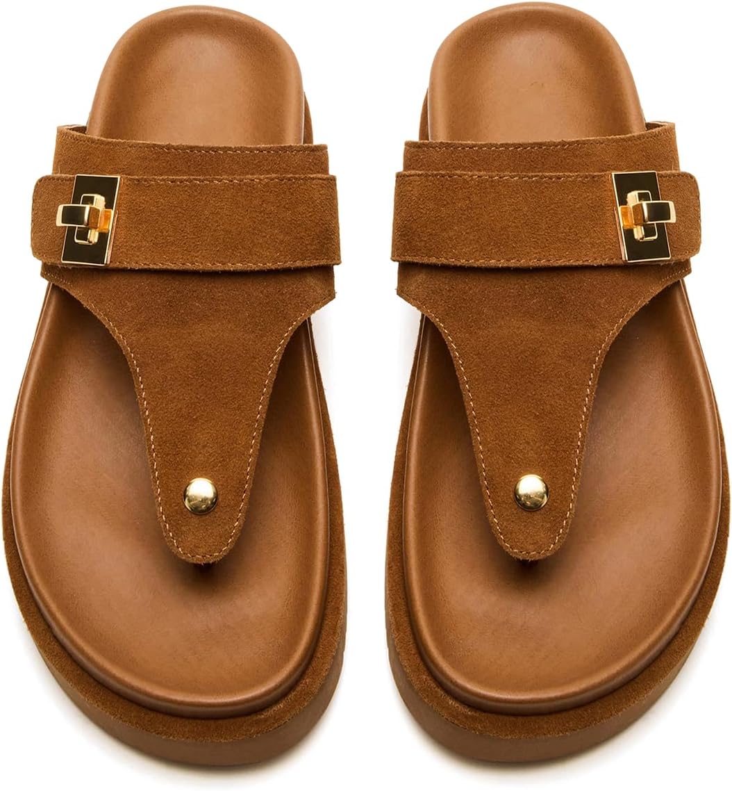 Brown Platform Flip Flops for Women Leather Beach Thong Footbed Sandals Open Toe Comfortable Casual Slides Dressy Soft Cushion Arch Support - Image 5