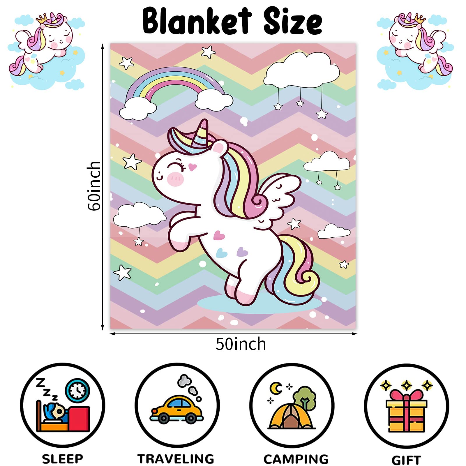 Unicorn Throw Blanket for Girls 130 x 150 cm Cozy Rainbow Unicorn Fluffy Blanket for Kids Soft Cute Unicorn Flannel Throw Blanket for Children Teen Women Gift Suitable for Sofa Bed Couch Decor - Image 2