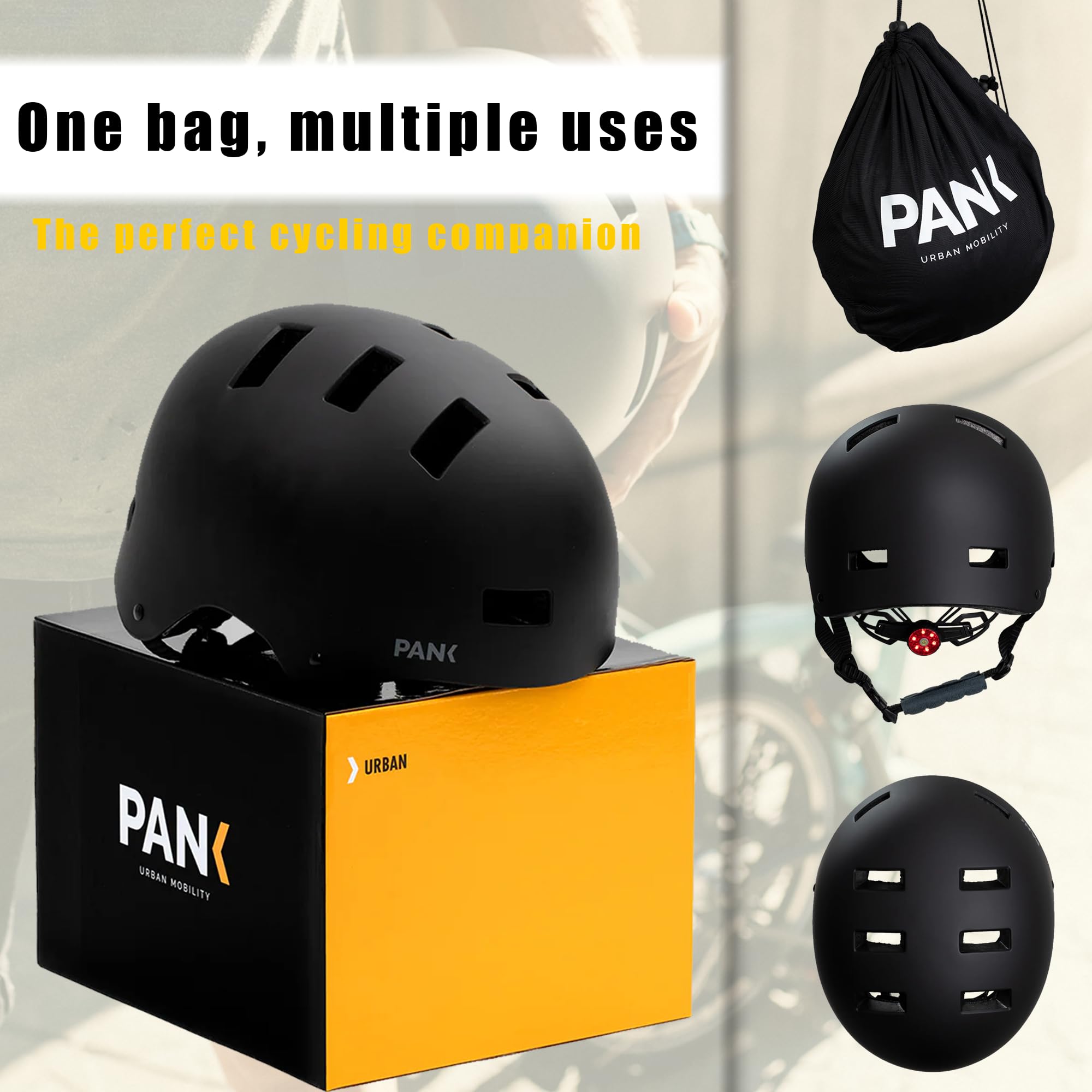 PANK Premium Casco Bicicleta Adulto Hombre Mujer con Certificado CE Casco Skate MTB BMX Casco, luz Trasera LED & Acolchado Blando, Negro Mate y Gris, M (55-58 cm) & L (59-62 cm)