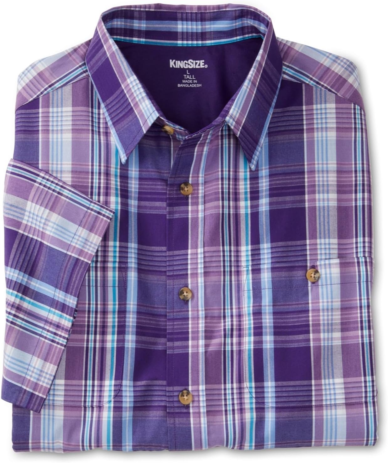 KingSize Men's Big & Tall Plaid Wrinkle-Resistant Short Sleeve Button Down - 7XL, Purple Plaid
