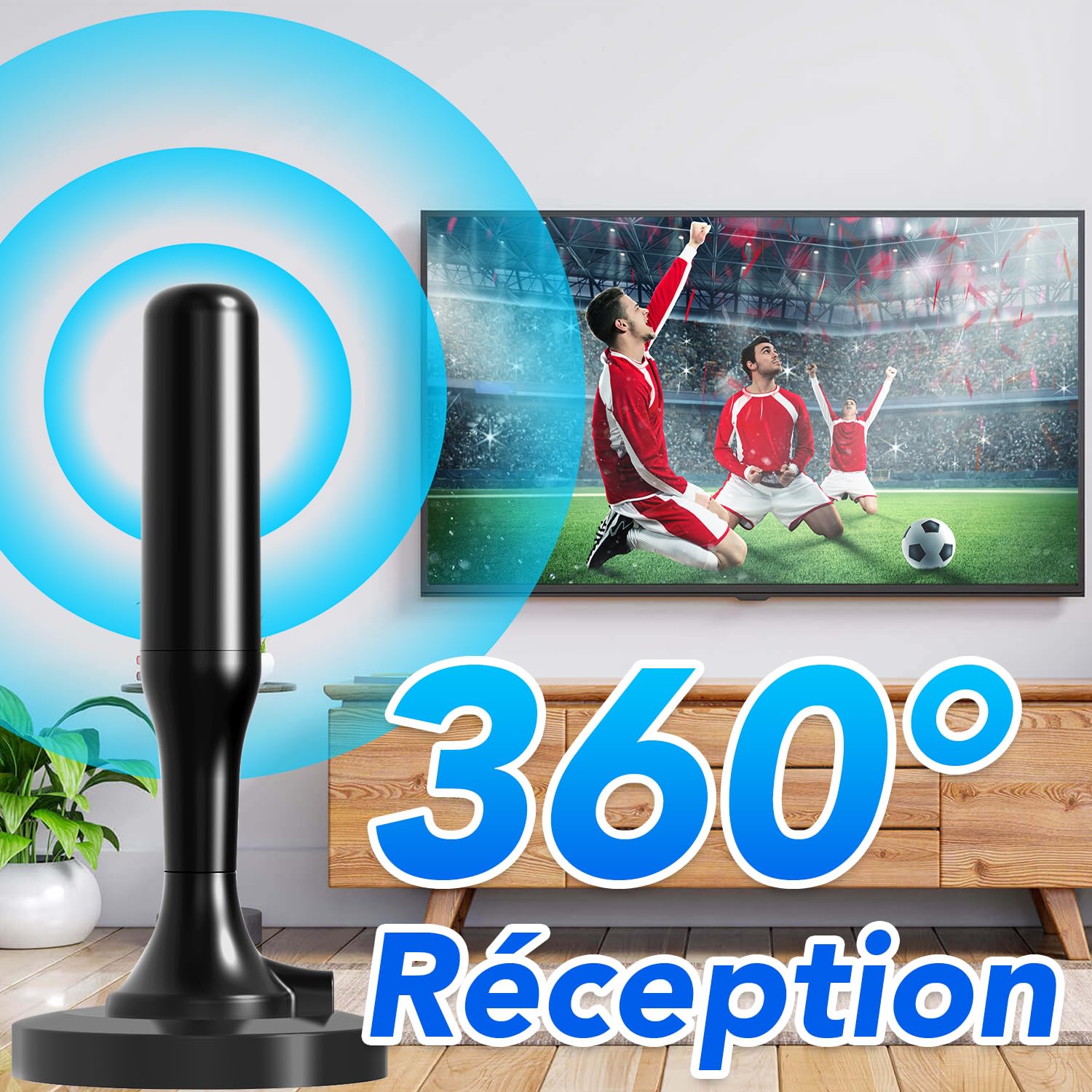 Antenne TV intérieur, Antenne TV Intérieur Puissante TNT HD, Antenne TNT Intérieur Amplifiée pour Téléviseur Intelligent, Antennes TNT 4K 1080P pour Chaînes Locales, Base Magnétique, Câble 3m (Black) - 3