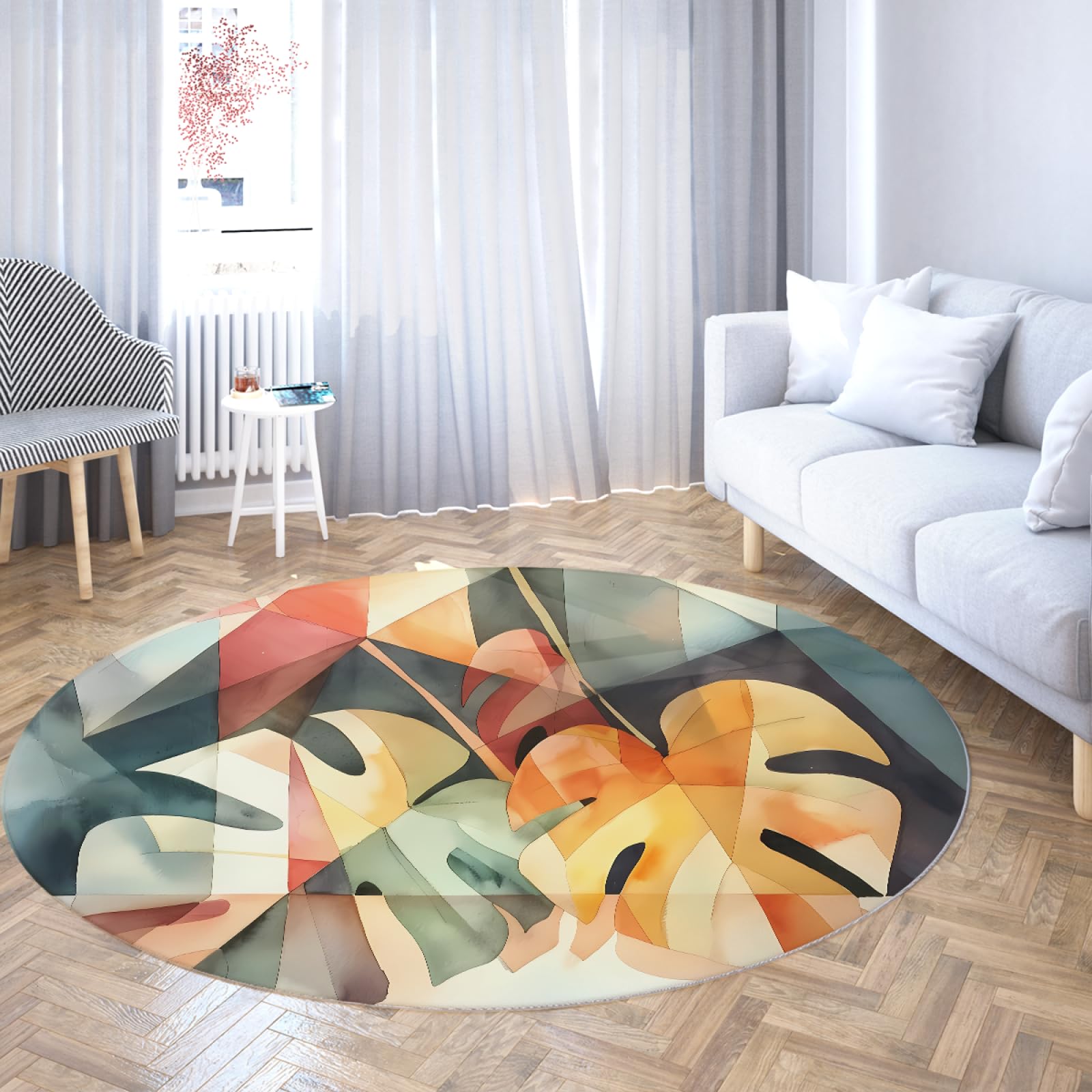 Tapis circulaire doux au design abstrait de feuilles tropicales de 135cm