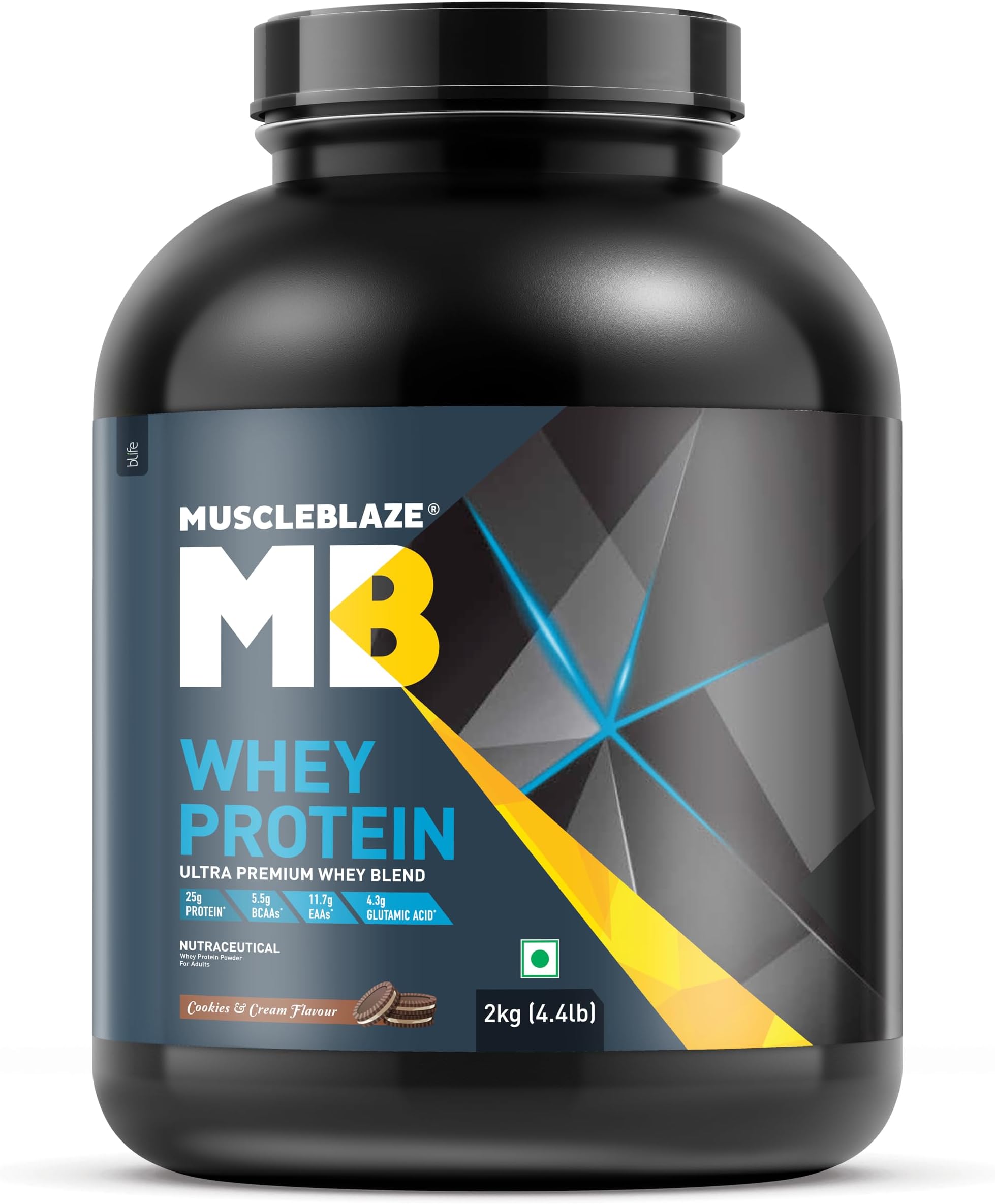 MuscleBlaze 100% Whey Protein, Ultra Premium Blend with Whey Protein Concentrate & Whey Protein Isolate, 25 g Protein per Scoop (Cookies & Cream, 2 kg / 4.4 lb)