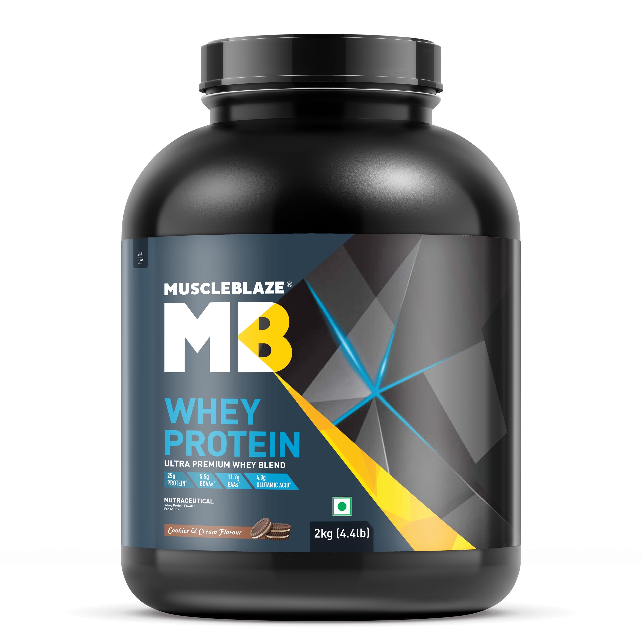 MuscleBlaze 100% Whey Protein, Ultra Premium Blend with Concentrate & Whey Protein Isolate, 25 g Protein per Scoop (Cookies & Cream, 2 kg / 4.4 lb)