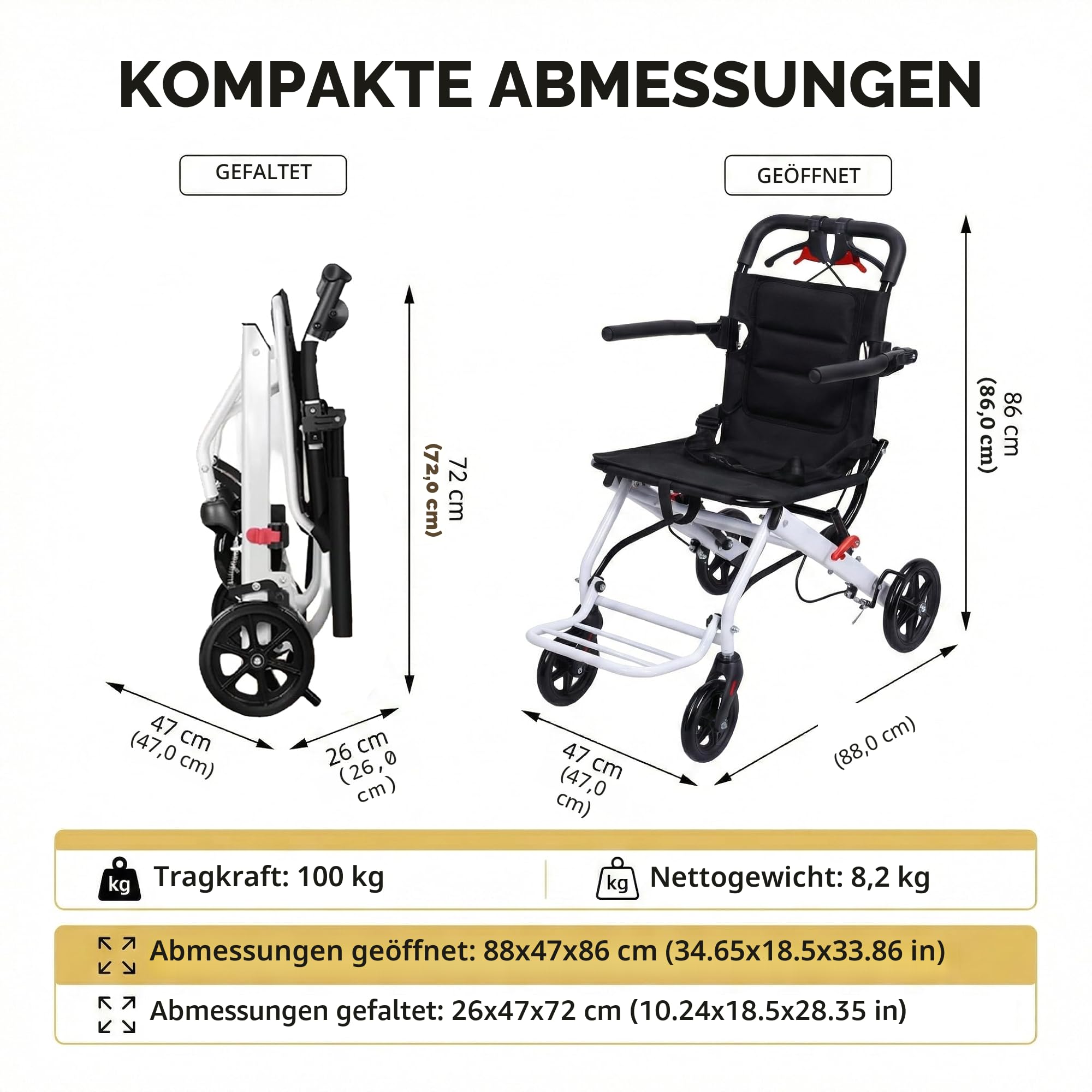Ultraleichter faltbarer Reiserollstuhl mit Handbremse, leichter 8,2 kg Kohlenstoffstahlrahmen, 280° drehbare Räder, verstellbarer Sicherheitsgurt, tragbarer Outdoor-Rollstuhl für Reisen mit dem