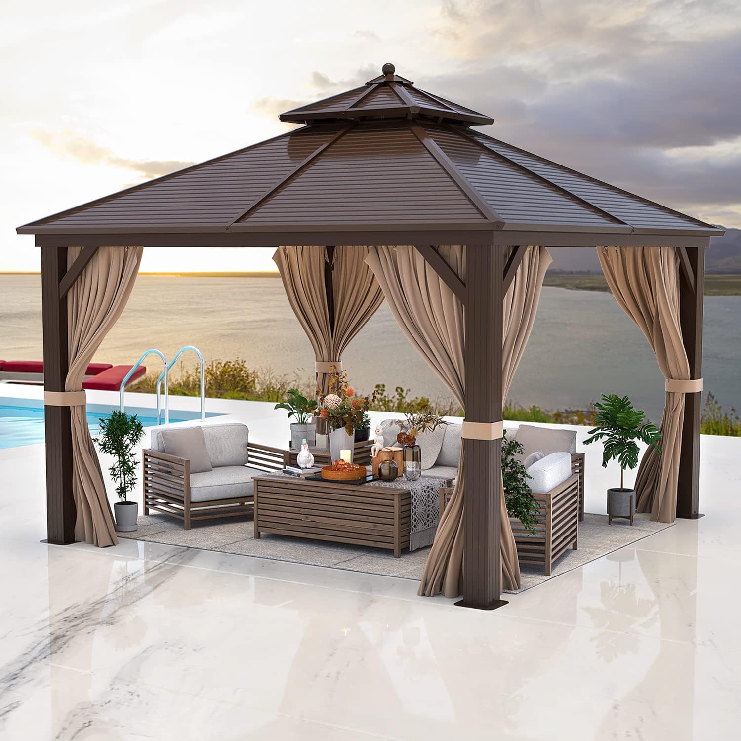 YOLENY 12'x 12' Hardtop Gazebo Galvanized Steel Outdoor Gazebo Canopy Double Vented Roof Pergolas Aluminum Frame with Netting and Curtains for Garden,Patio,Lawns,Parties