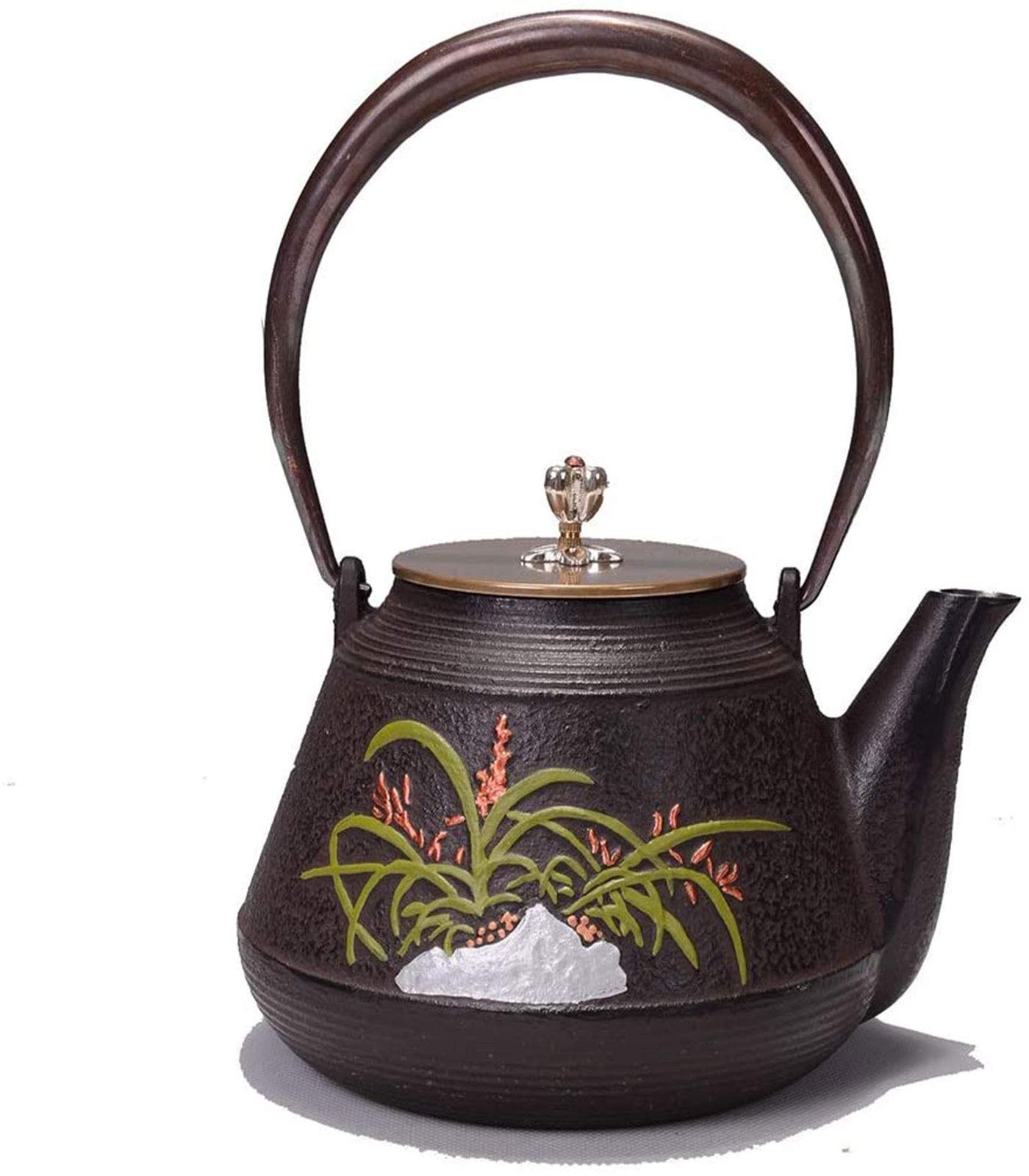 MGEMJMJ 1.2L Teapot Tea Kettle Tea Pot Cast Iron Teapot, Japanese Style Tetsubin Tea Kettle | Cast Iron Tea Kettle To Keep Tea Warm | Green Leaf Orchid Pattern Iron Kettle