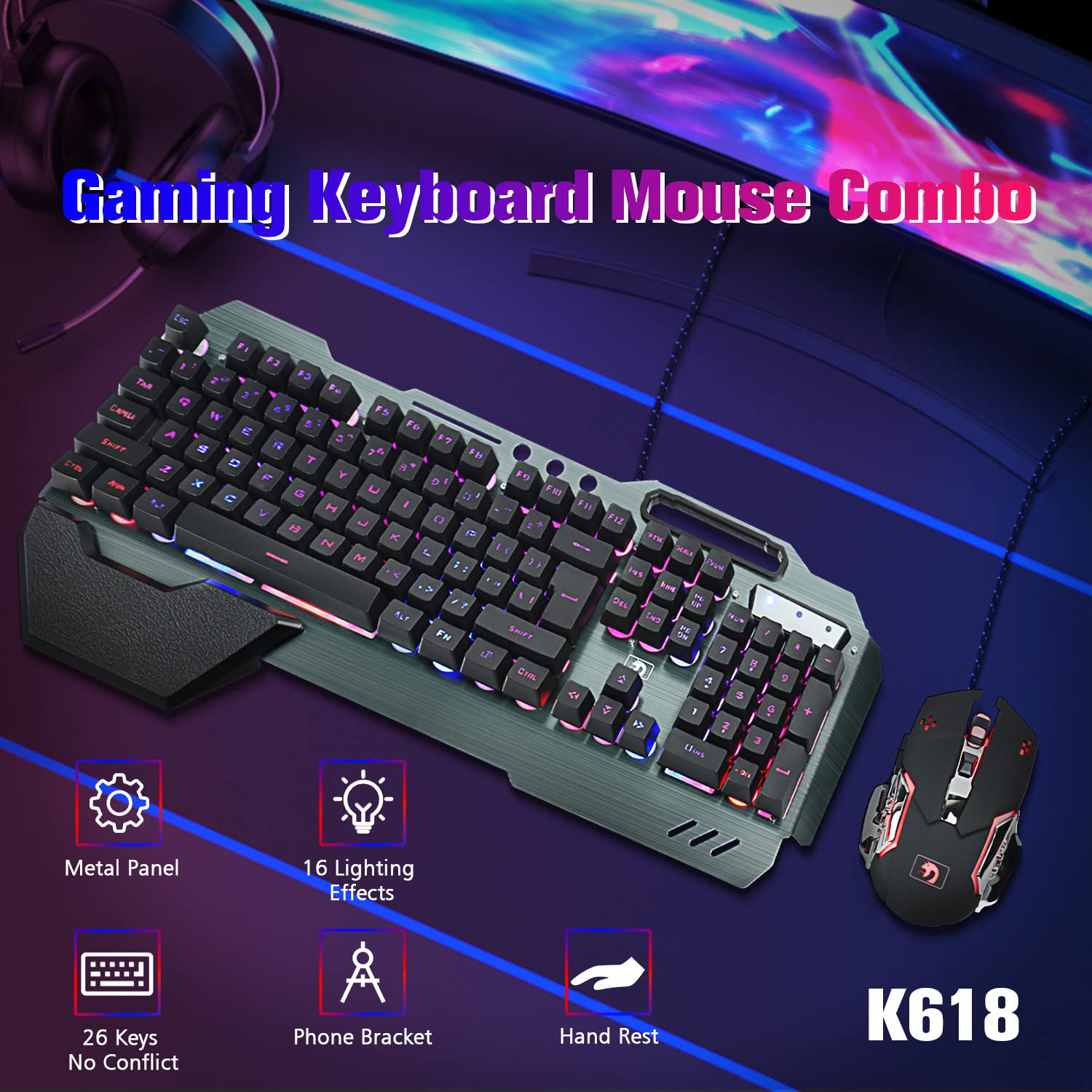 Gaming-Tastatur und Maus-Kombination, graue Metalllegierung,16 LEDs RGB-Hintergrundbeleuchtung, kabelgebunden USB-Tastatur mit Handgelenkauflage + 3200 DPI LED atmende Maus mit Hintergrundbeleuchtung