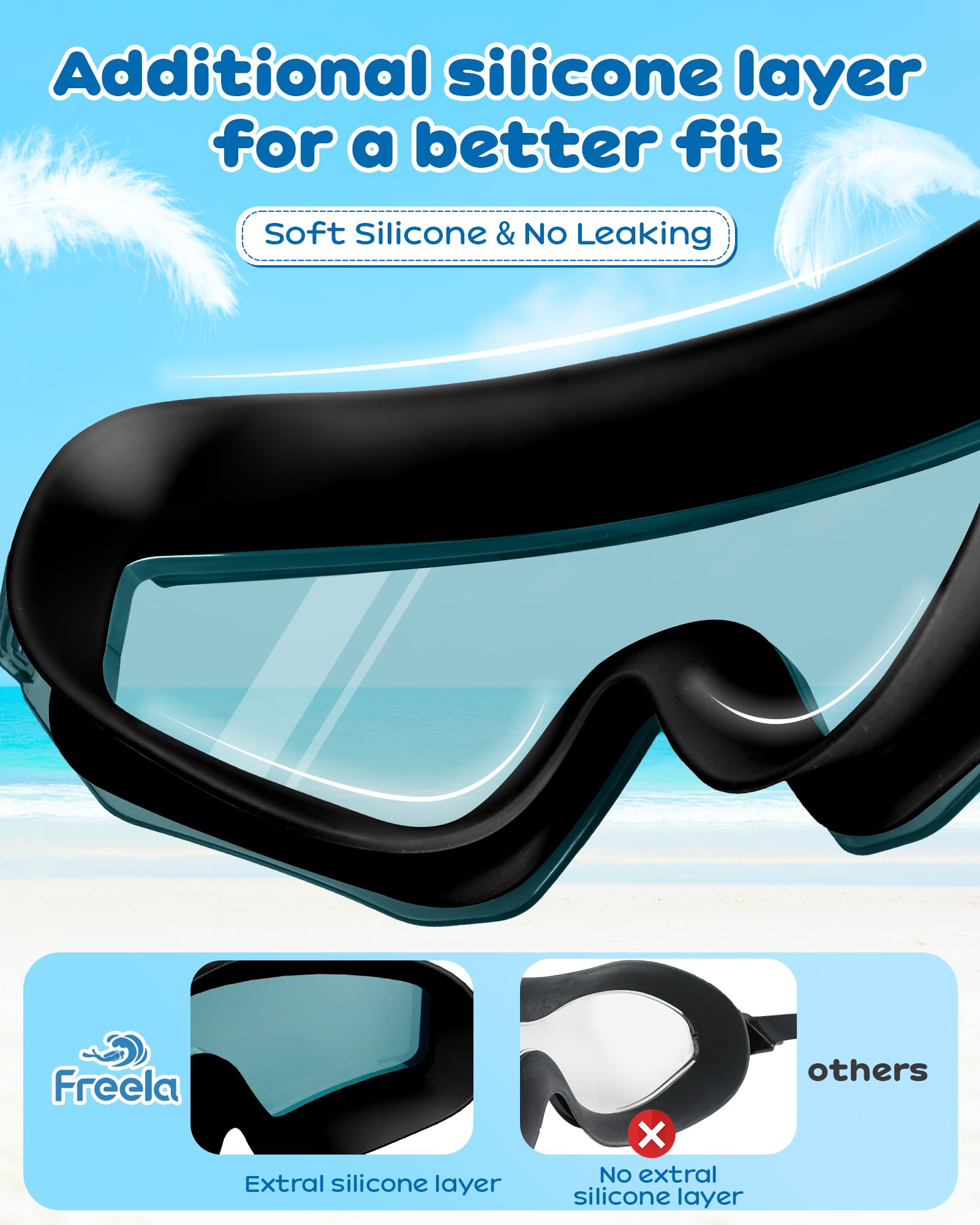 Freela 2 Pack Kids Swim Goggles for 8-16, Anti-Fog UV Protection Extra Silicone Layer Swimming Goggles for Youth Boys Girls - 4