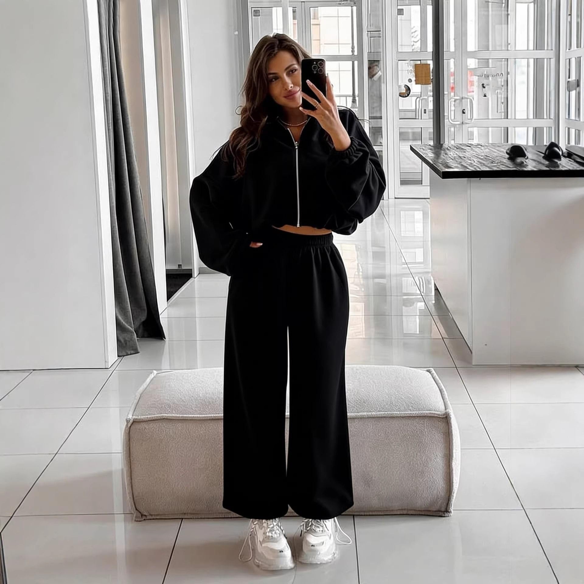 Ensemble 2 pièces sport pour femme, sweat à capuche à fermeture éclair et pantalon large décontracté