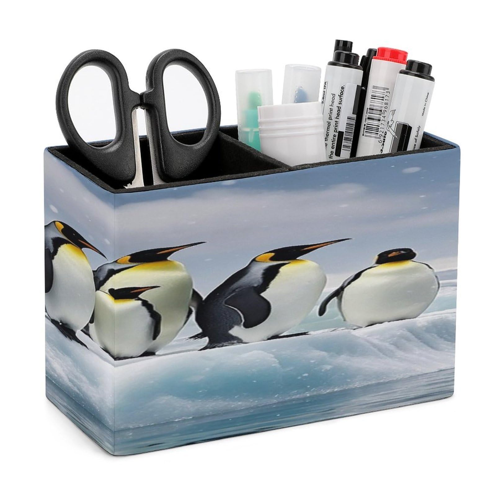 FekiLoot Penguins On The Iceberg Pen Holders for Desk Small Remote Control Holder Leather Pencil Cup with Double Compartments Desktop Organizer for Table Desk Office Space Saving
