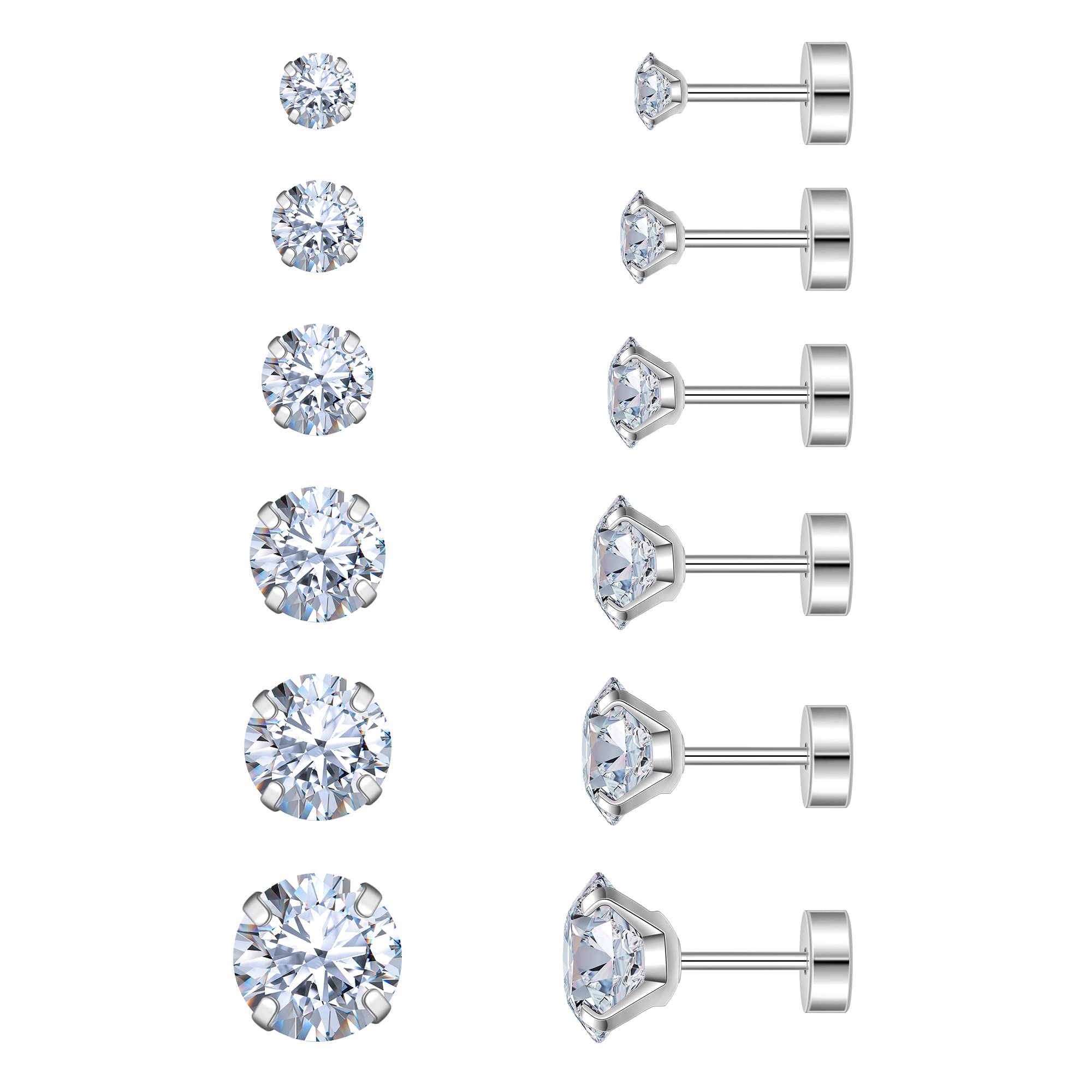 Aretes tipo dormilona de espalda plana para mujer, aretes de acero quirúrgico hipoalergénico con piedras de circonita cúbica, 6 pares (18-20G), Acero inoxidable, No es una piedra preciosa