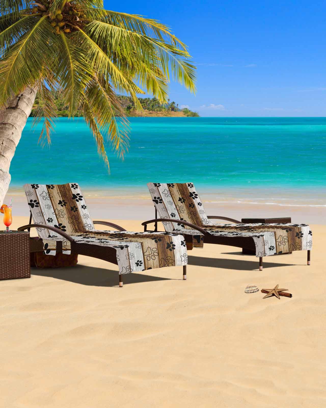 Farmhouse Paw Print Beach Chair Cover with Side Pockets, Microfiber & Quick Dry Pool Chaise Lounge Chair Towels Covers for Sun Sunbathing Patio Garden Hotel, Gradient Wooden Brown