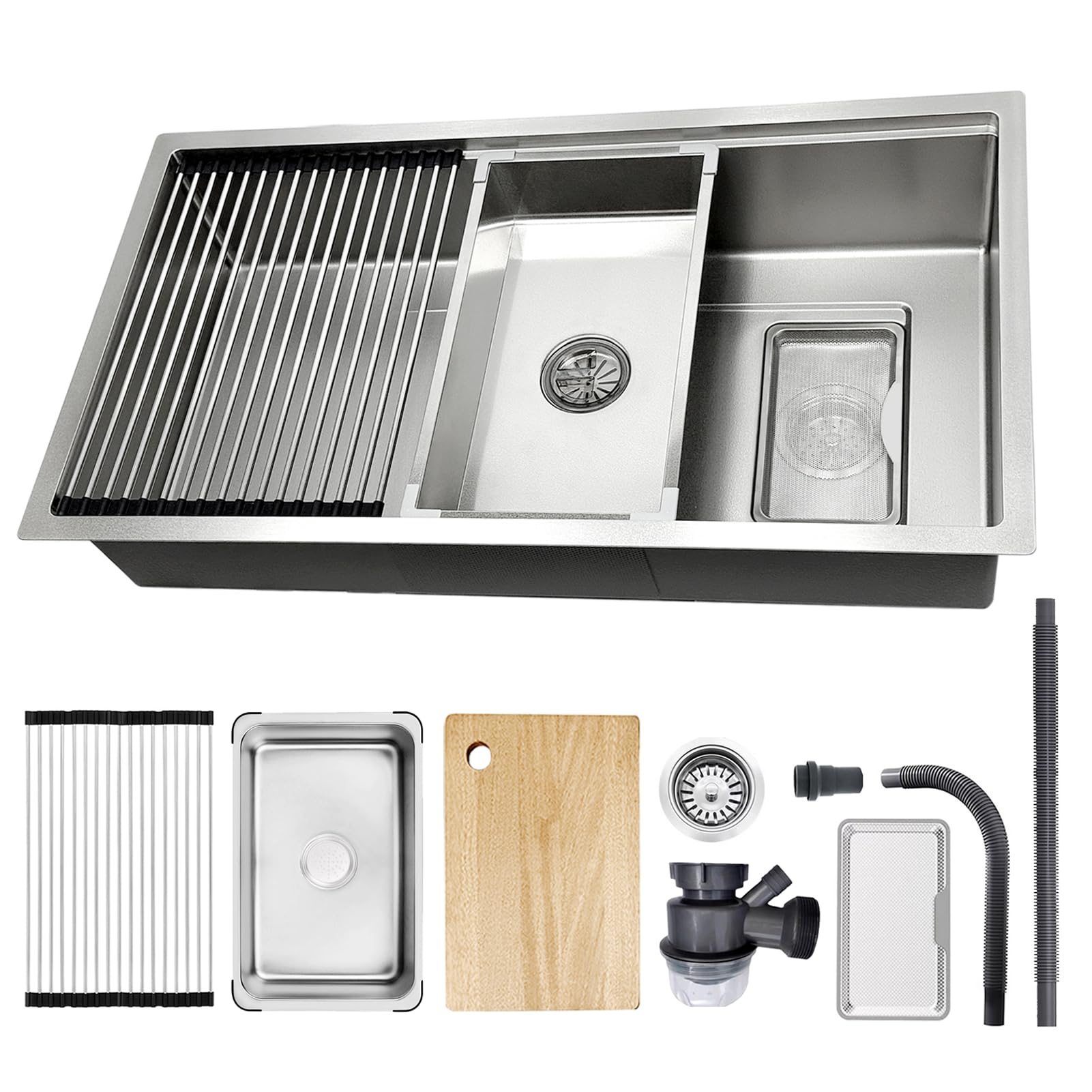 Lavello da Cucina 90x50cm Acciaio Inox 304, Kit Completo con Sifone e Drenaggio, Essiccatore, Tagliere, Vaschetta Piccola, Filtro Extra Grande, Resistente ai Graffi, Lavabo Basso/Montato su Piano