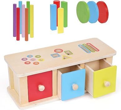 Montessori Toys Wooden Color Sorting Toys Object Permanent Box with Drawer Boxs,Coin Box,Learning Activity Cube Sensory Shape Sorter Educational Toy Fine Motor Matching Games for Kids Boys Girls Gift