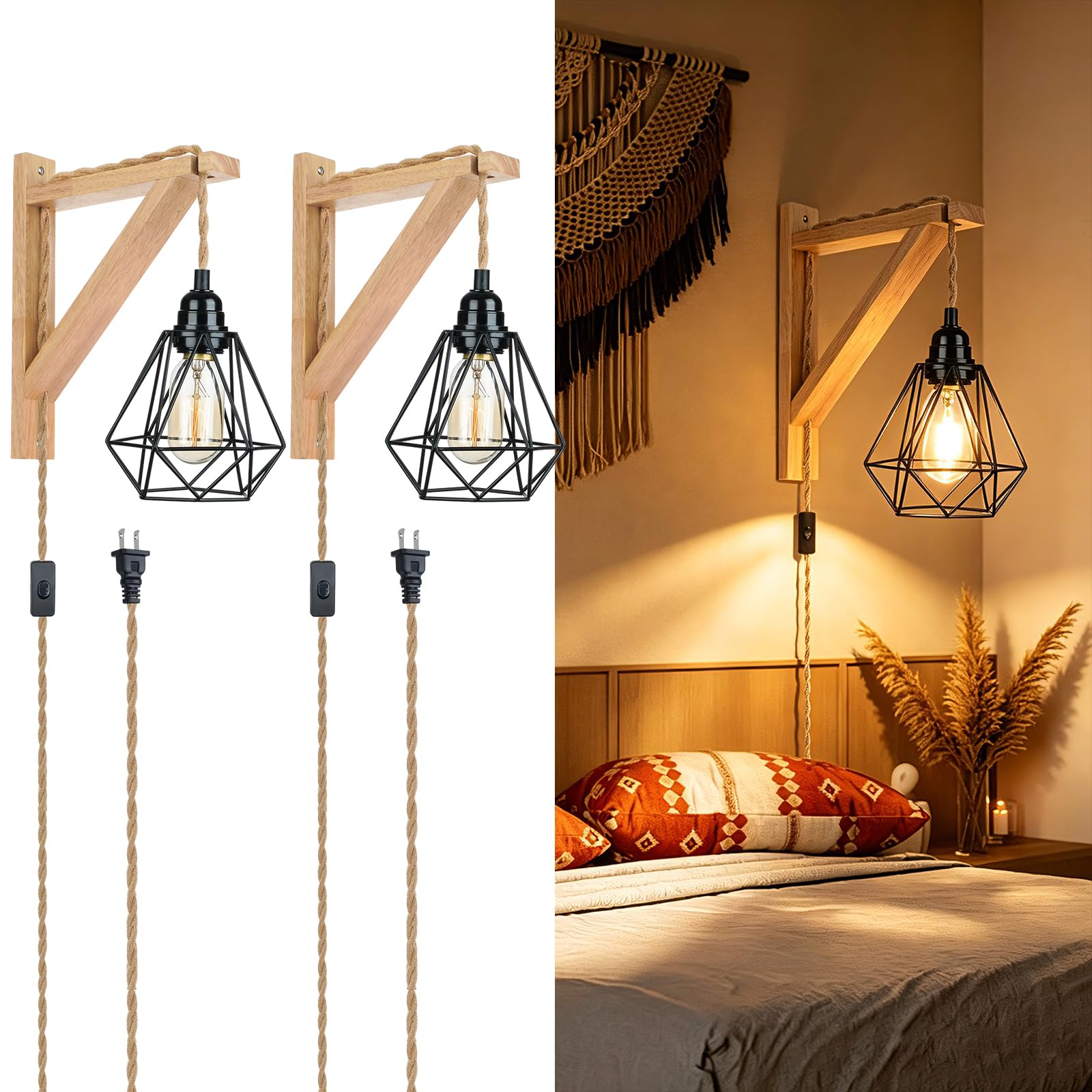 Frideko Plug in Wall Sconce Set of Two,Boho Farmhouse Hanging Wall Lamp with Plug in Cord, Wall Light with Wood Shelf Bracket for Bedroom Living Room Apartment RV Camper(Black 2pcs)