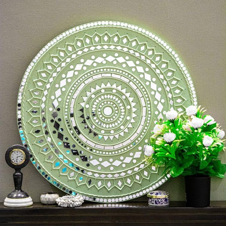 Unique Wants Lippan Art Wall Hanging, Moon Green, MDF Wood with Mirror Work, 40 cm, Round, Handcrafted Finish-image-8