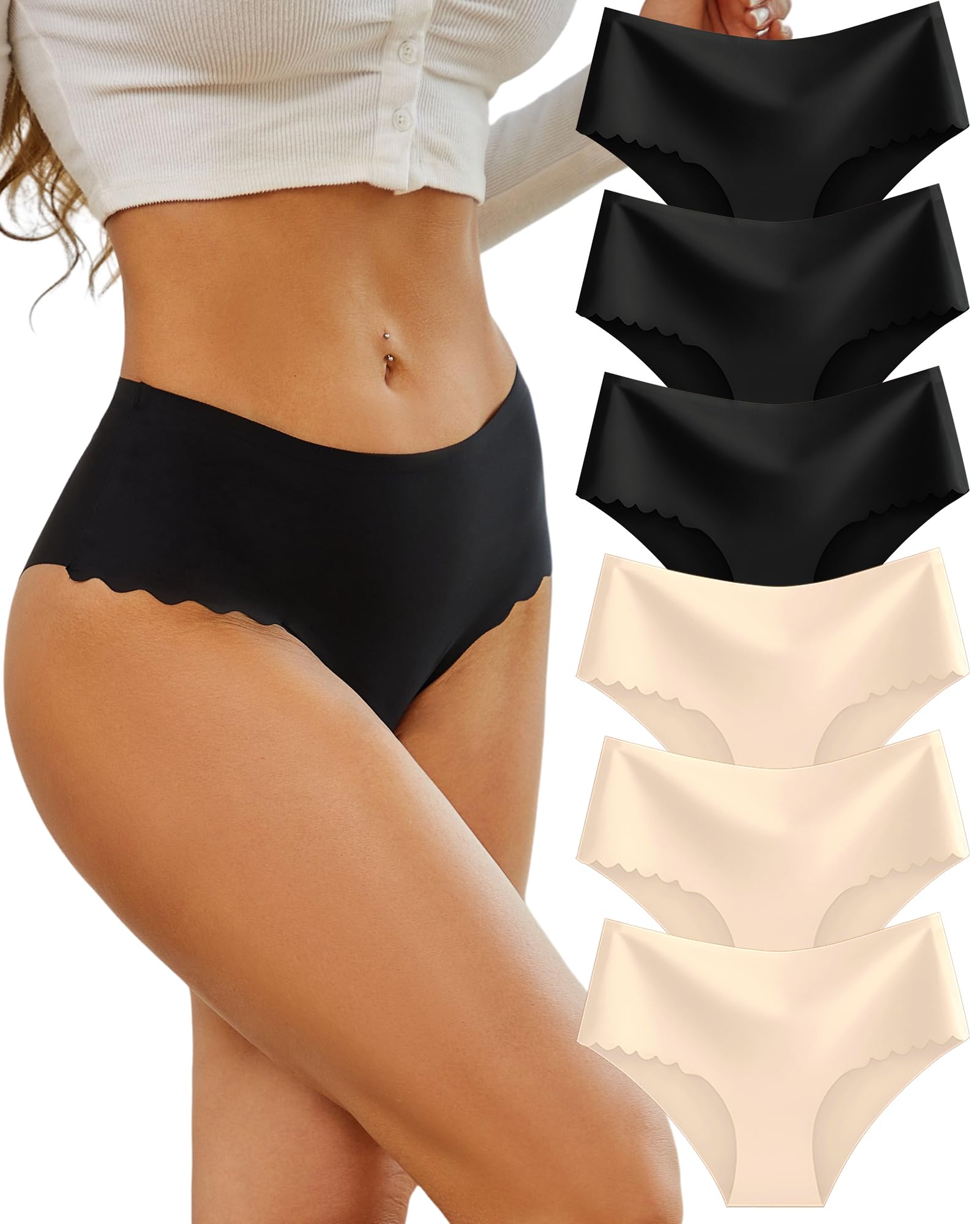 Sth Big High Waisted Seamless Underwear for Women No Show Panties Cheeky Scalloped Edge Bikini Breathable Briefs 6 Pack: Black+beige 3X-Large