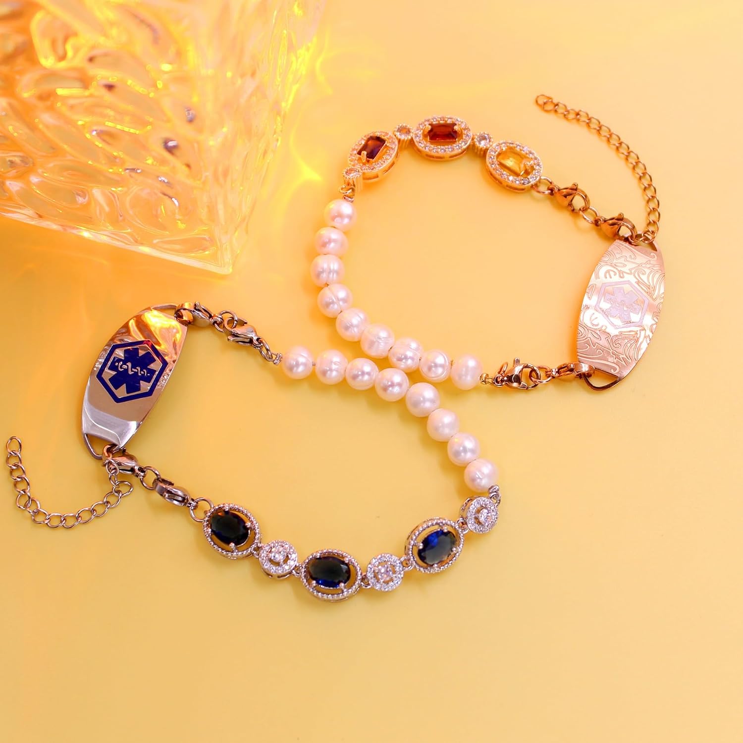 Women’s Medical Alert Bracelet | Natural Pearl + Colored Cubic Zirconia Beads | Adjustable Stainless Steel Medical ID Tag | Personalized Laser Engraving | Safe & Everyday Wear
