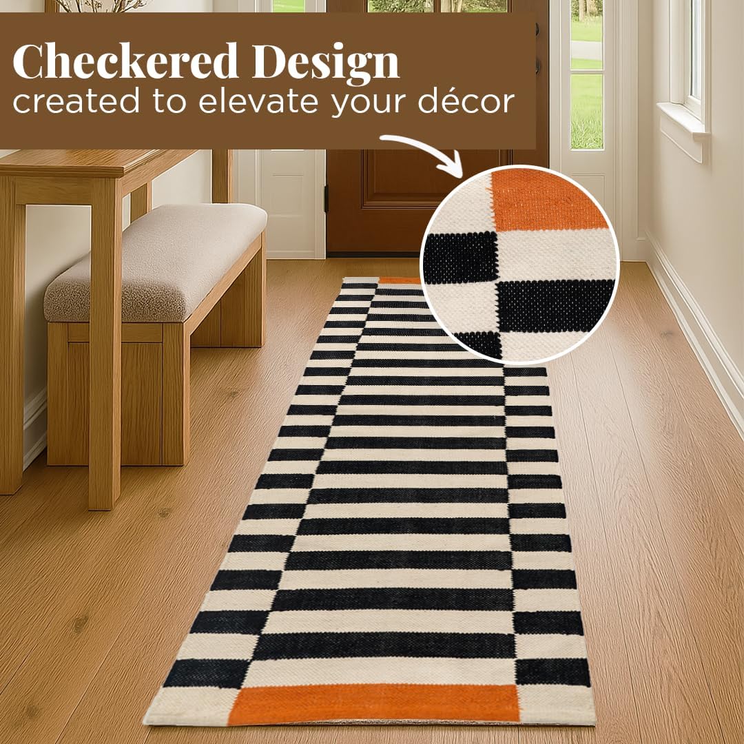 Folkulture Runner Rug for Hallway- (2x6 ft) | 100% Cotton, Washable, Water Absorbent Runner Rugs for Entry, Bedroom, Kitchen | Non Slip, Colorful Orange & Black Stiped Floor Rug for Living Room - Image 4