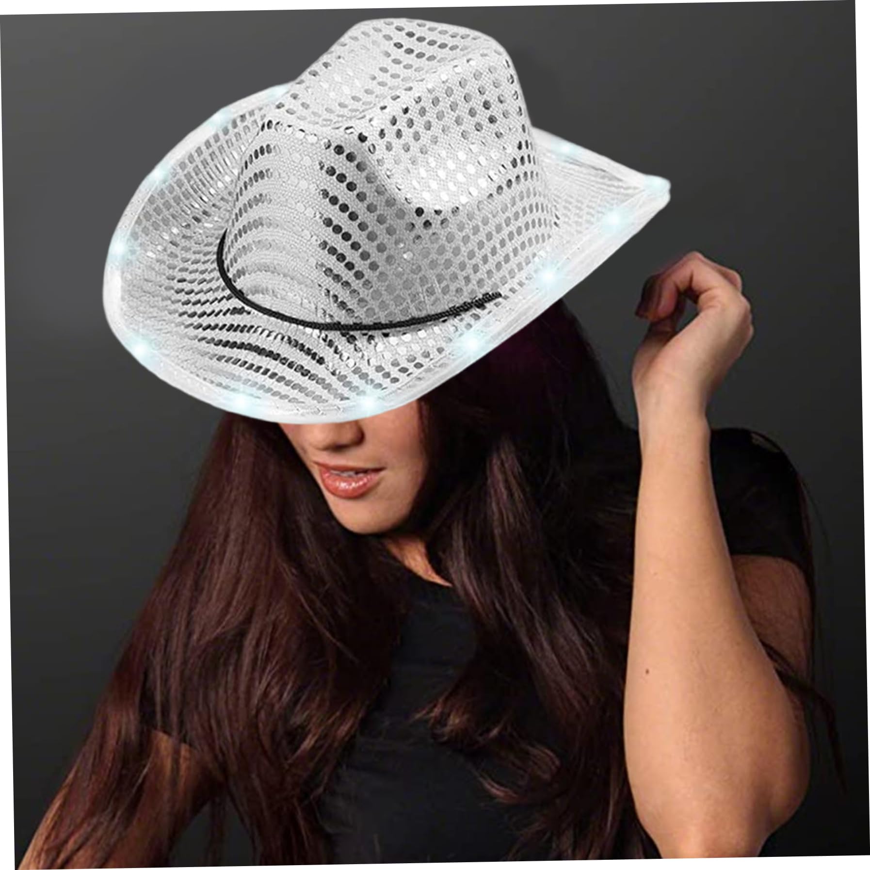 Jorzer Sombrero de vaquero iluminado, 10 piezas LED plateado, sombrero de vaquero con lentejuelas de discoteca, juego de rol de vaquera para fiesta de bodas.