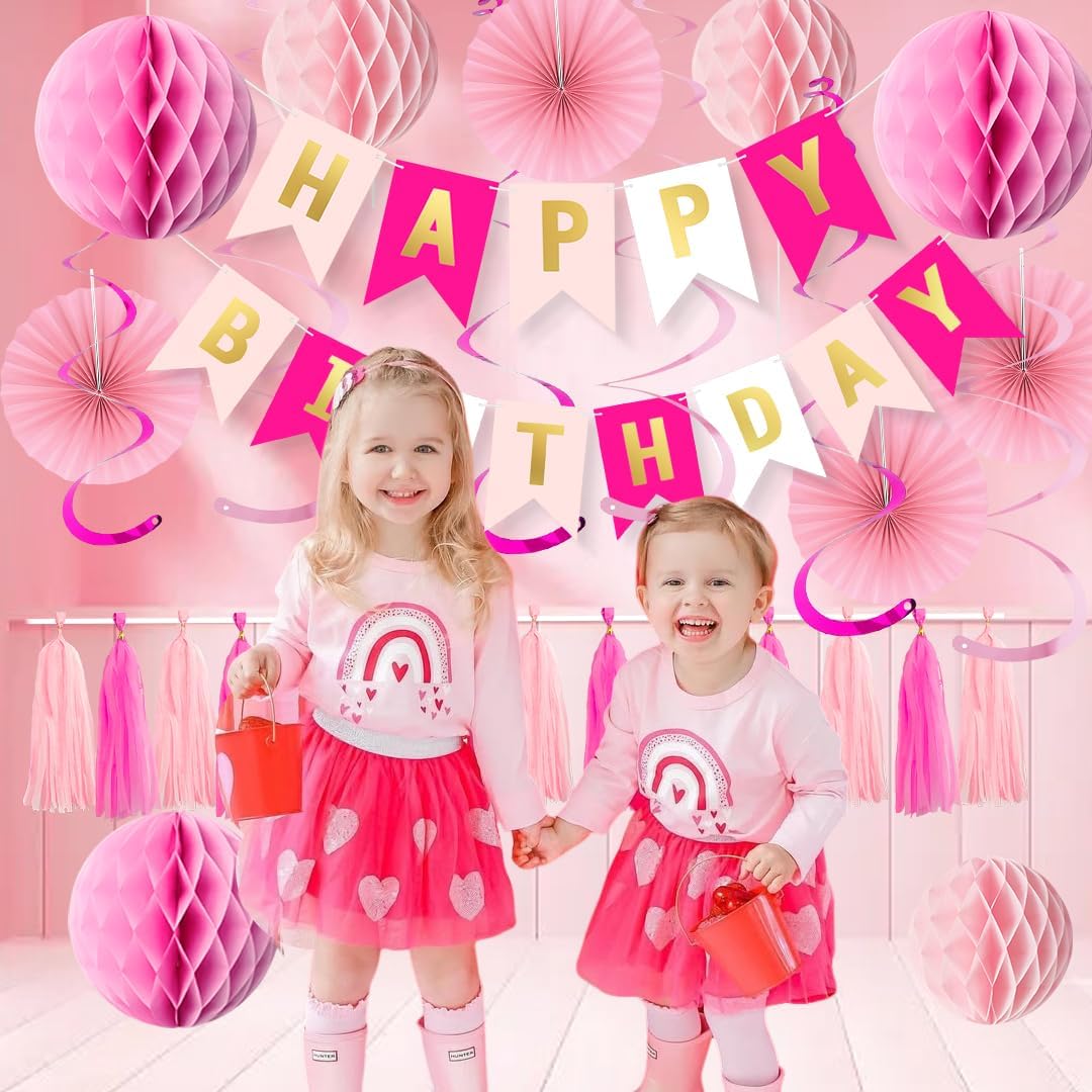 Pink Birthday Decorations Set for Women Girls Happy Birthday Banner Honeycomb Balls Paper Fans Hanging Swirl Streamers Tassels Complete Pink Birthday Party Decor Supplies - Image 5