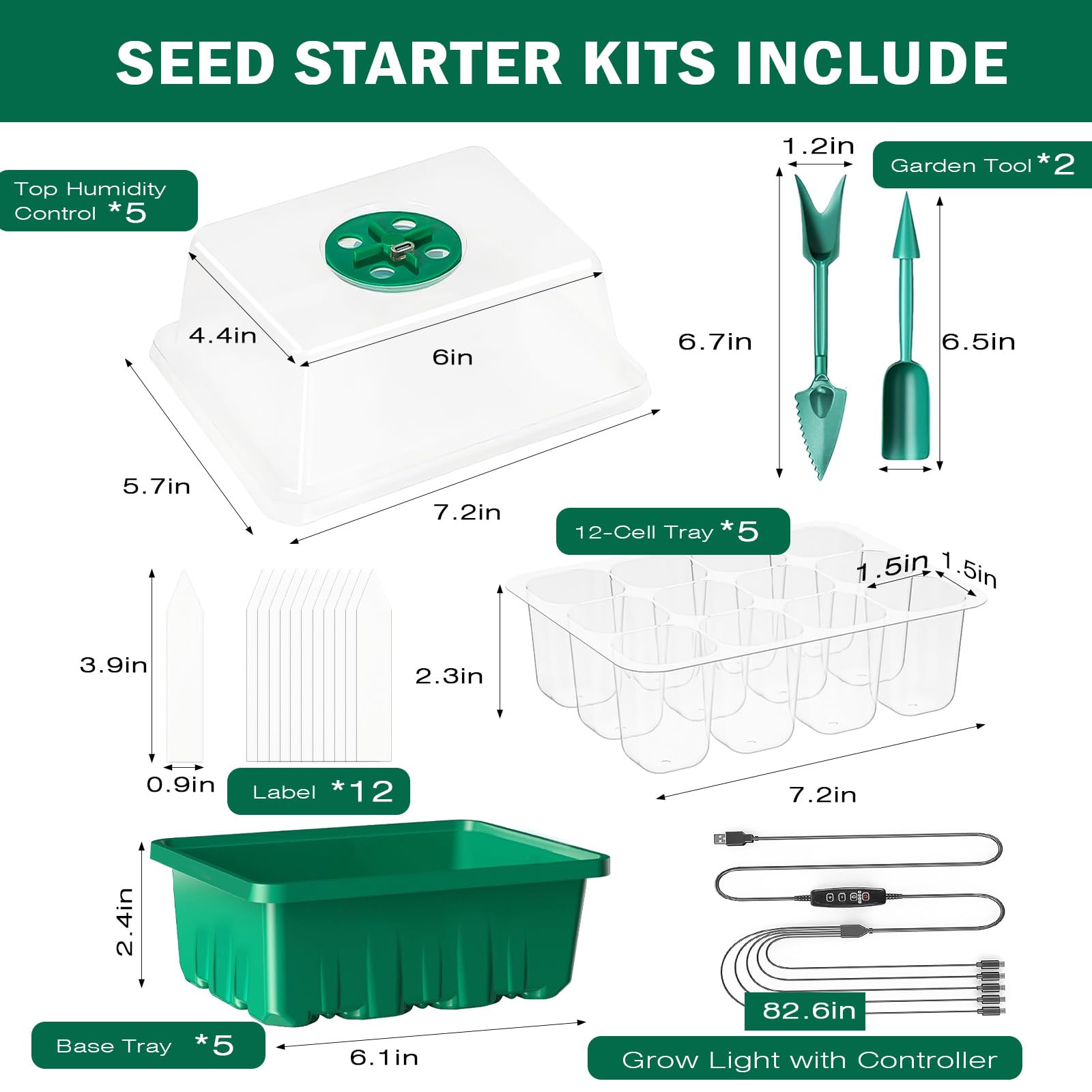 5 Pack Seed Starter Trays with Grow Light with Timing Controller Adjustable Brightness,Thicken Seedling Starter Trays with Humidity Domes Heightened Lids(Green) - Image 2