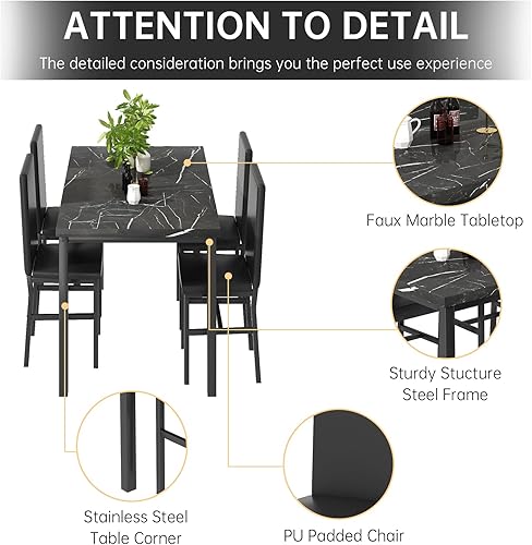 Miniatura 8 de DKLGG Juego de 4 mesas de comedor para 4, juego de 4 mesas y sillas de cocina de mármol sintético, moderno juego de mesa de comedor de 5 piezas con