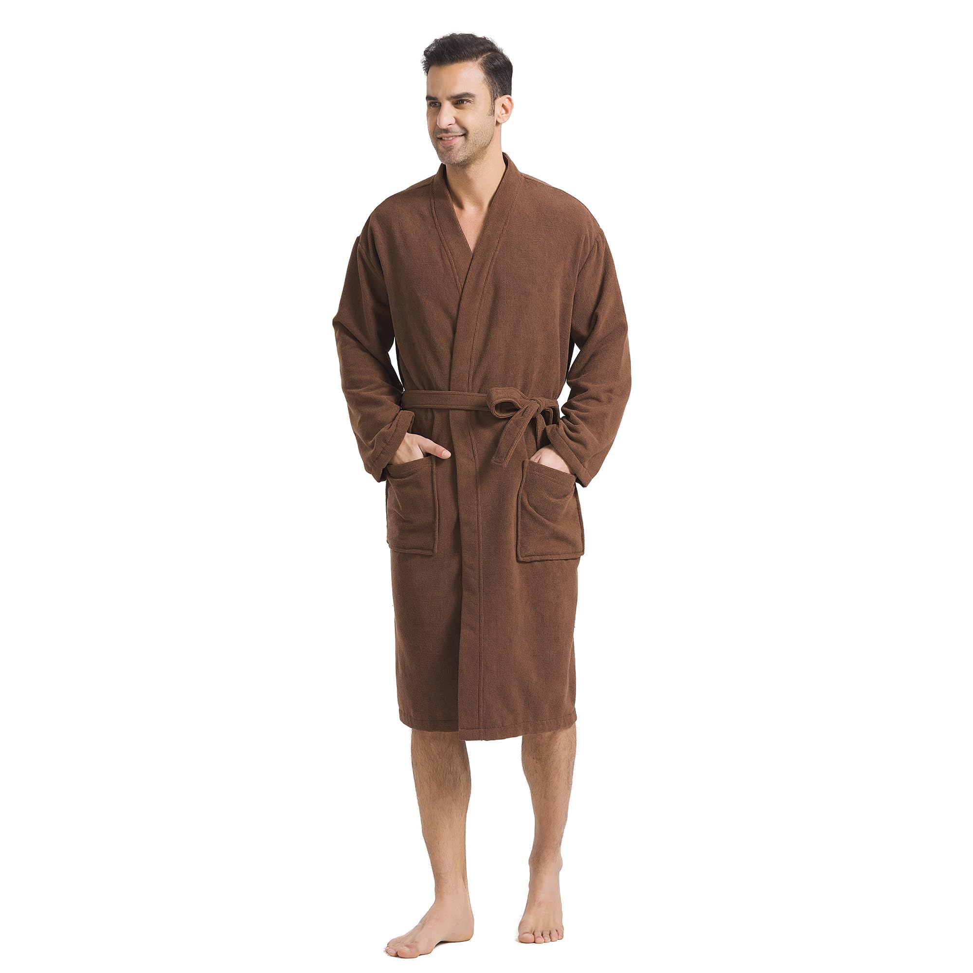 FashGudim Albornoz de rizo para hombres, grandes y pequeños, albornoz corto kimono para hombre, súper absorbente, hasta la pantorrilla, con bolsillos
