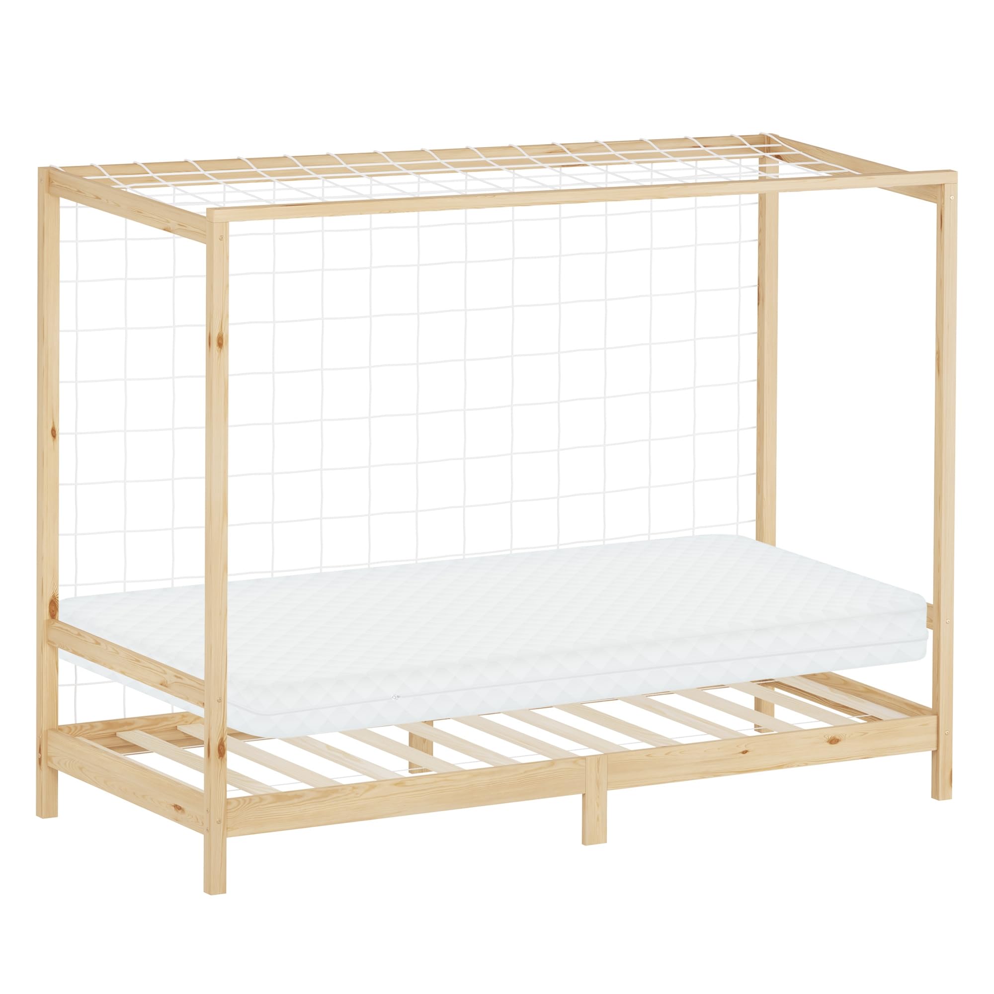 ML-Design Cama Infantil 90 x 200 cm en Forma de Portería de Fútbol Balonmano + Colchón 10cm Madera de Pino Natural, Cuna Individual para Niño con Somier de Láminas y Red Litera Maciza Juvenil