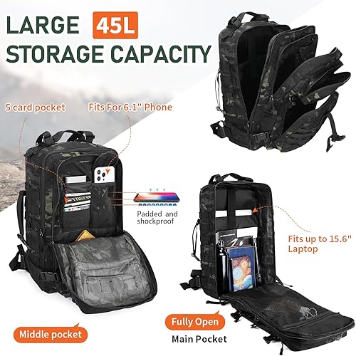 Miniatura 6 de HUNTVP Mochila táctica 1000D 45L Militar MOLLE mochila paquete de asalto ejército camping senderismo mochila al aire libre, Marrón, Exteriores