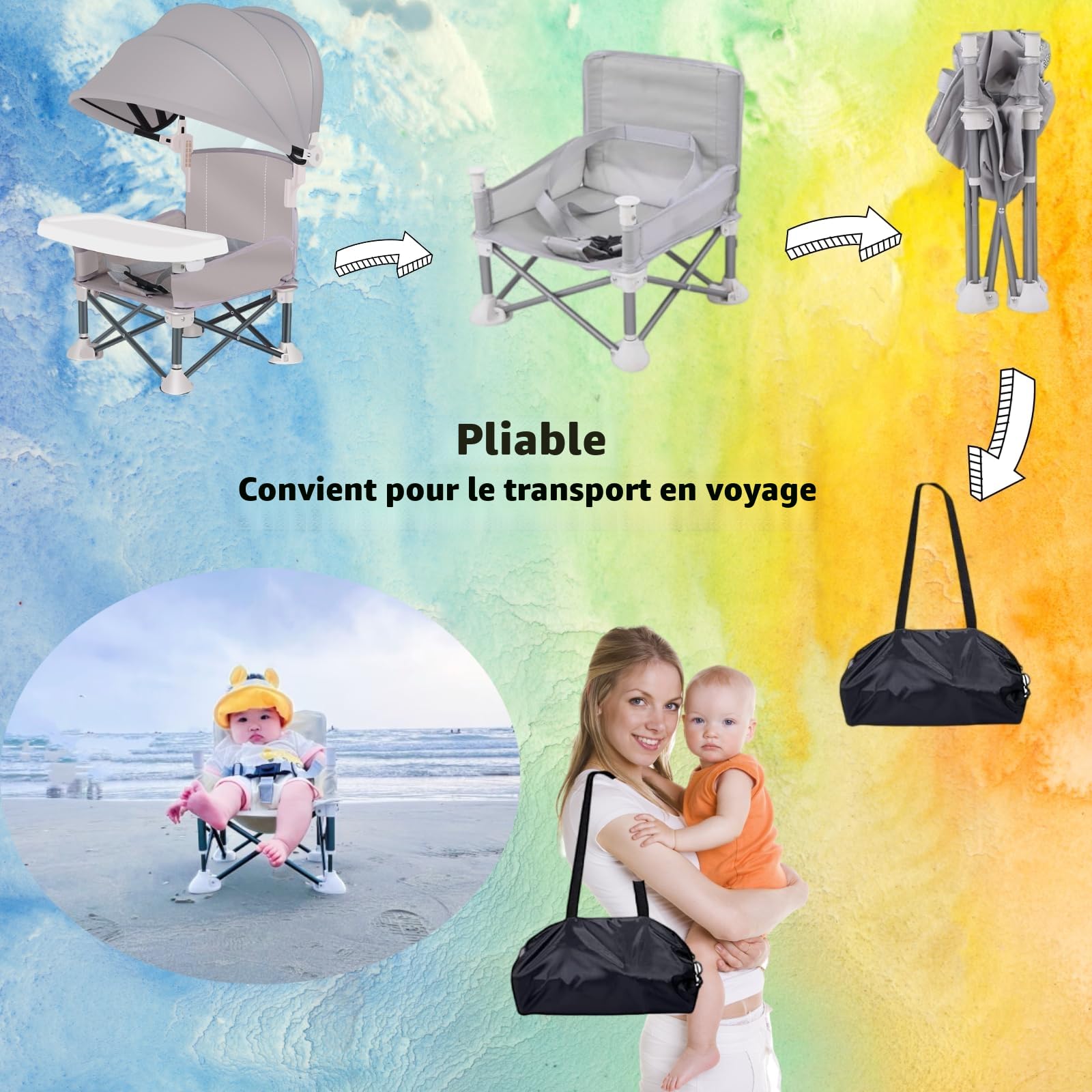 Little Bean Rehausseur Chaise Pliable Et Portable Pour Bebe Enfants Avec Plateau Amovible Pour Voyage et Repas Siège Pour Intérieure/extérieure (Beige)