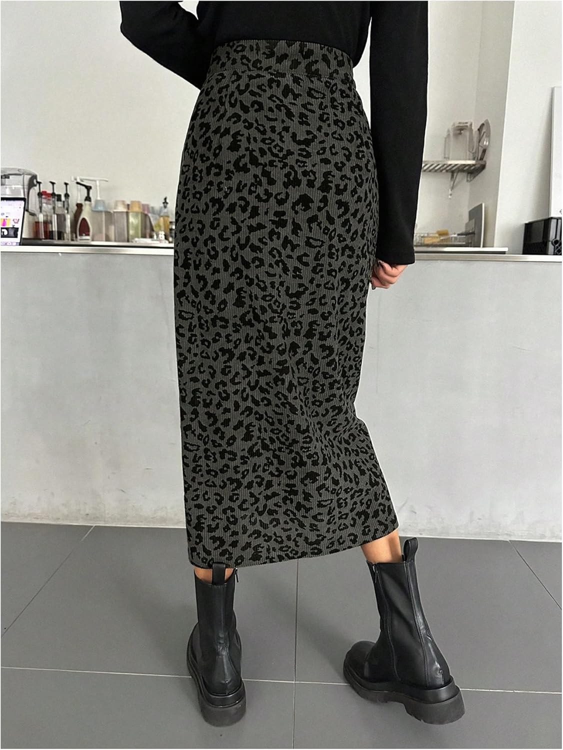 Floerns Women's Leopard Print Corduroy Skirts High Waisted Split Front Cheetah Pencil Midi Skirt - Image 3