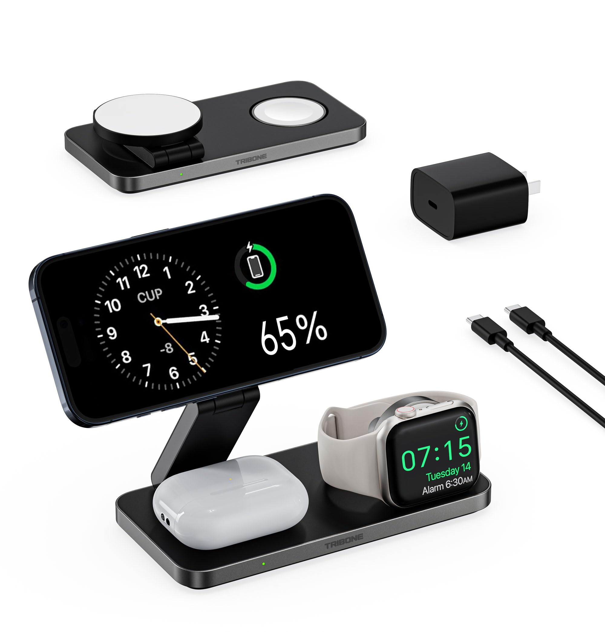 3 in 1 Wireless Charging Station for Apple Devices, Foldable Magnetic MagSafe Charger Stand for iPhone 16/15/14/13/12 Series, Apple Watch, and AirPods (Black)