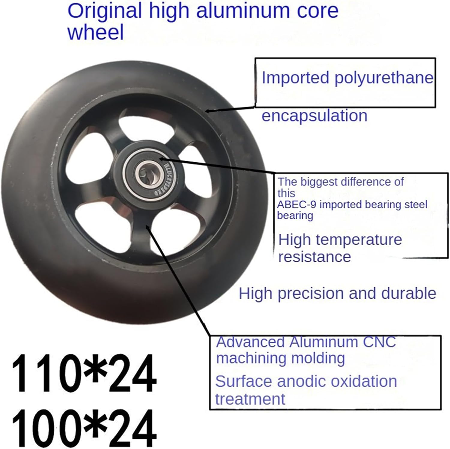 100mm 110mm Speed Inline Skate Wheels Perfect for Outdoor Speed Skating High-Density and Durable Set of 2 (Black,110mm)
