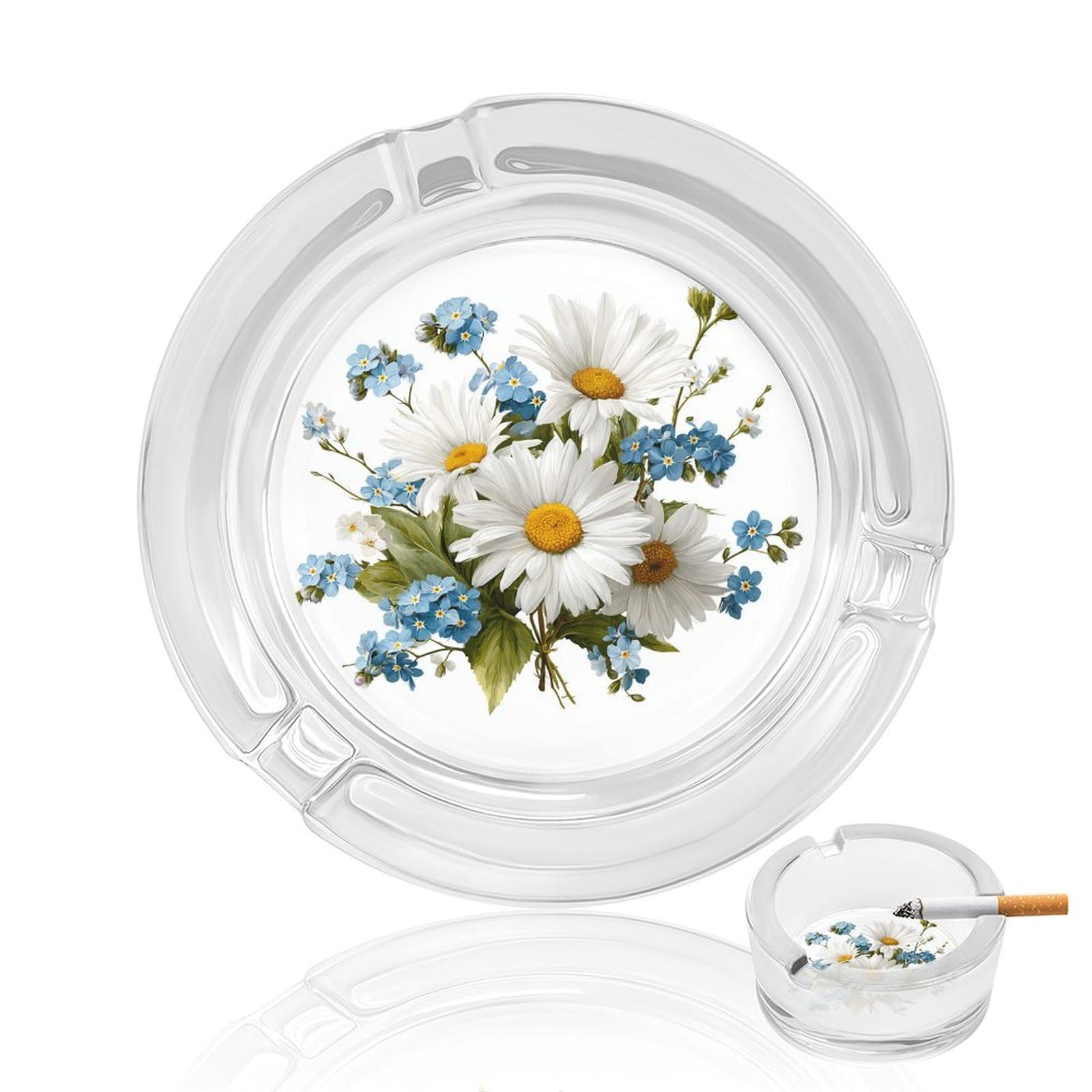 White Flowers Watercolor Simple Glass Ashtray for Cigarettes Portable Decorative Ash Trays for Home Office Decor