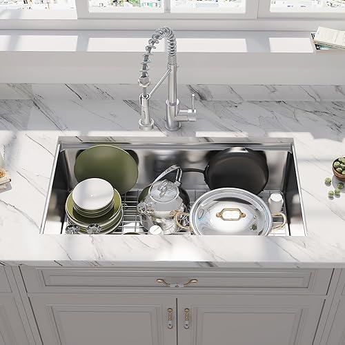 Miniatura 5 de Fregadero de cocina con estación de trabajo de 32 pulgadas, fregadero de cocina empotrado de acero inoxidable, hecho a mano, moderno, de un solo