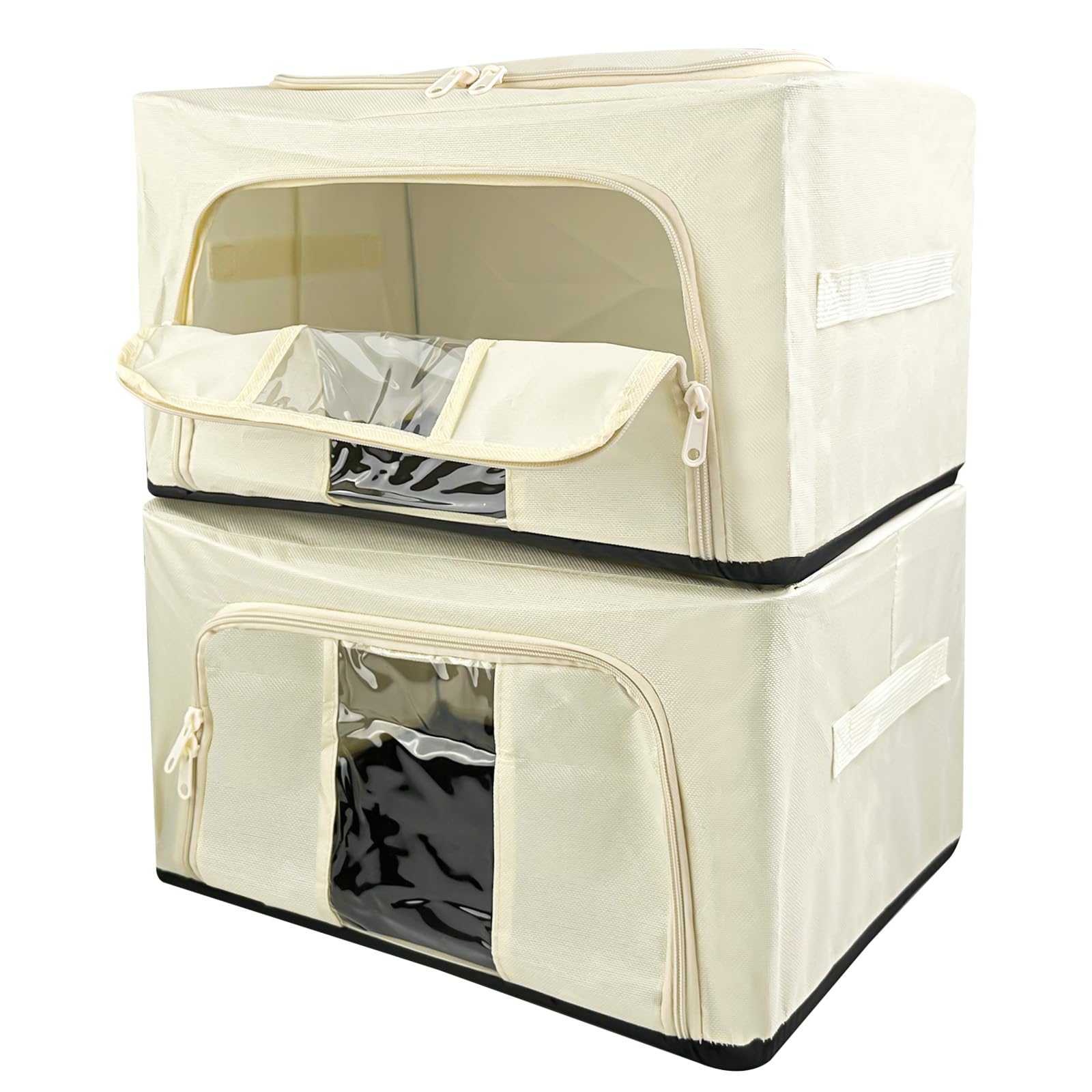 2 Stück Aufbewahrungsbox, Aufbewahrungsboxen mit Metallrahmen, Kleiderschrank Organizer, Aufbewahrungstasche Faltbare, Kleideraufbewahrung Box, Kleideraufbewahrungsbehälter(24L, Beige)