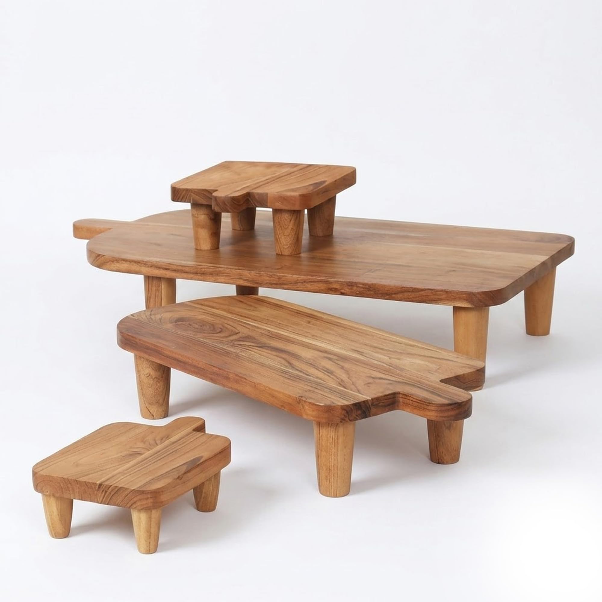 IHI EST. 1986 Acacia Wood Risers Set of 4, Footed Display Stands for Entertaining, Charcuterie Boards, Dessert Tables, Kitchen Counter Styling, Rustic Farmhouse Serving Platforms