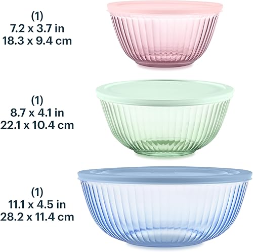 Miniatura 2 de Pyrex Colores Tintados (Paquete de 3, Juego Completo) Tazones de Mezcla de Vidrio Tintado Esculpido con Tapas, Juego de Tazones Anidables que