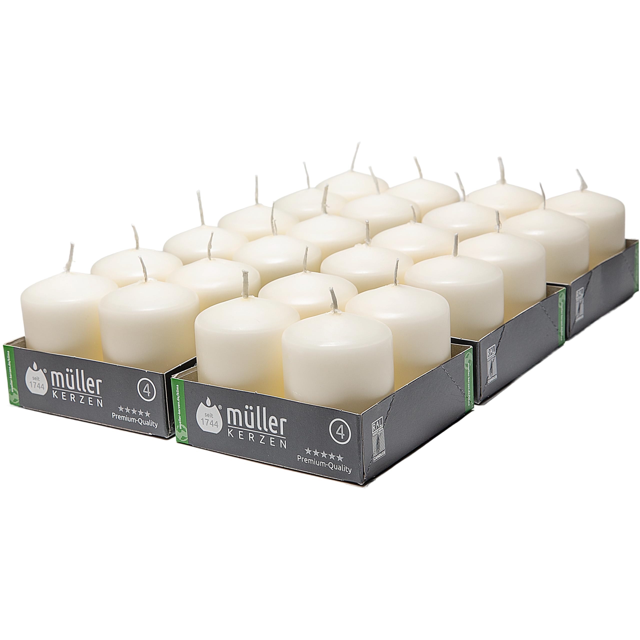 Müller Kerzen - Lot de 24 Bougies Piliers Ivoire - Ø 48 x 62 mm - 10 Heures Longue Durée - Cire Non Parfumées, Ne Coulent Pas, Sans Fumée - Bougie Deco Pour la Maison, Mariage - Qualité RAL