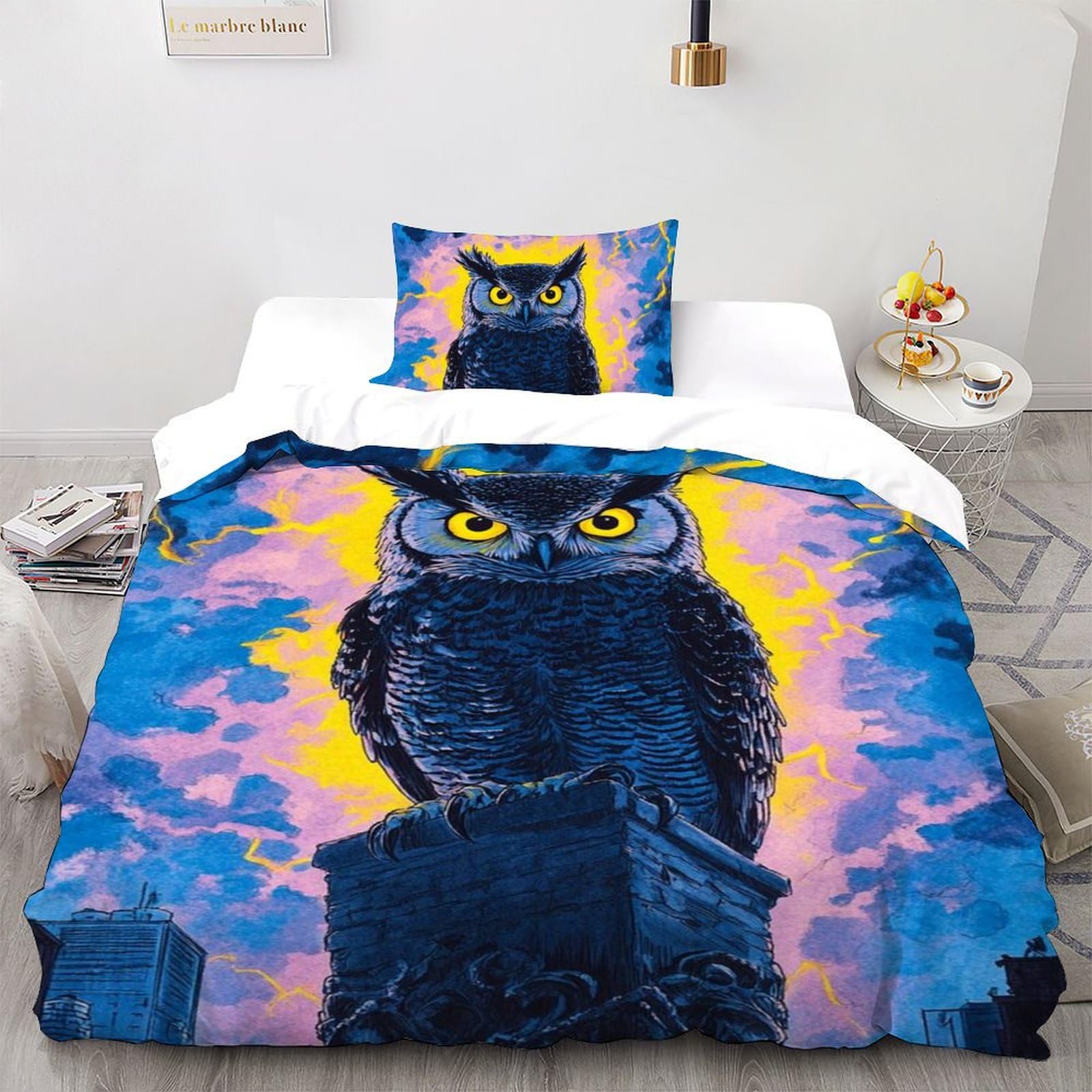Housse de couette hibou 135x200 pour lit single avec une taie