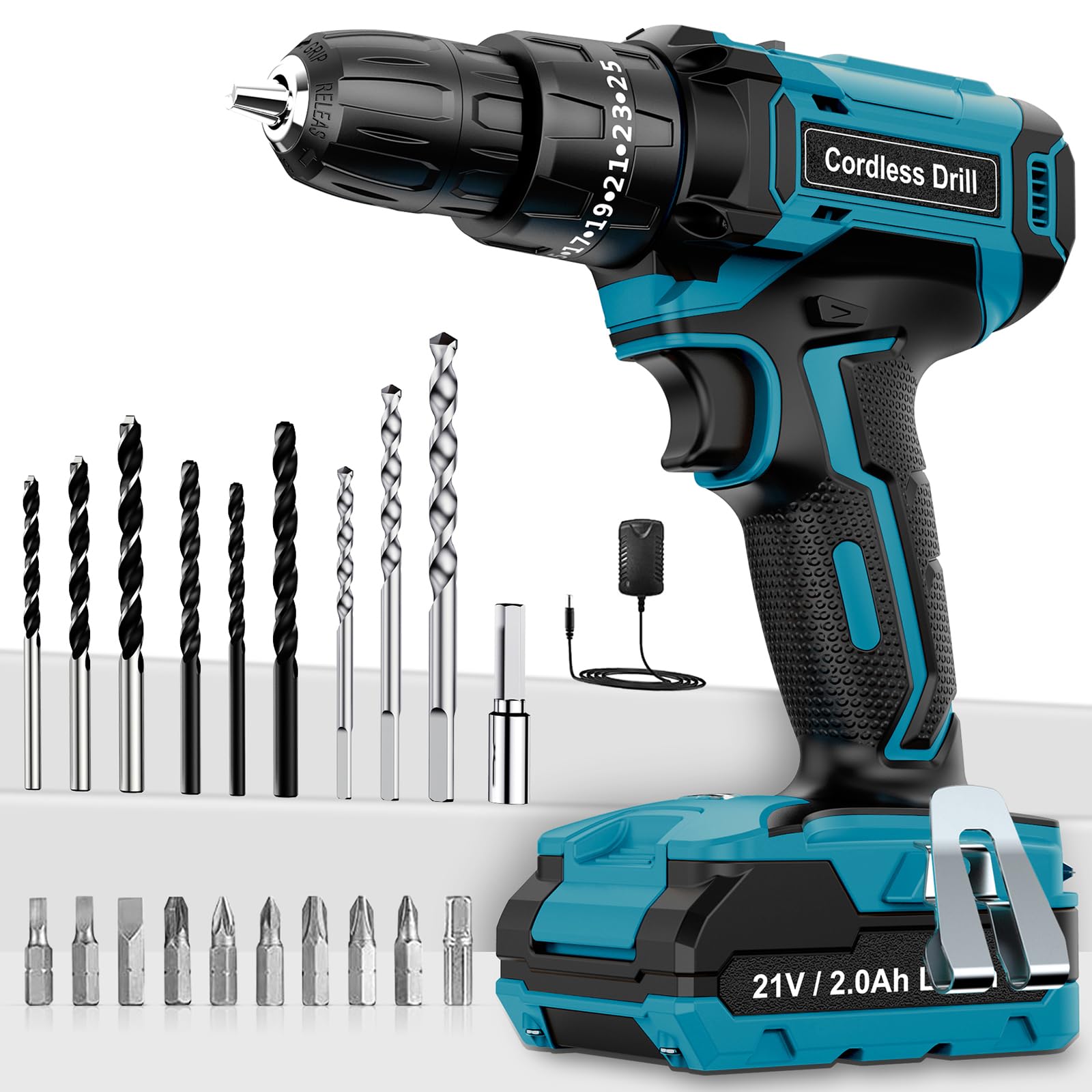 Cordless Drill Driver 21V, Cordless Hammer Drill with Battery 2000mAh, 25+3 Torque, 42N.m Max ElectricDrill, 24PCS DrillBits, 2 Speed, LED Light for Home and Garden DIY Project