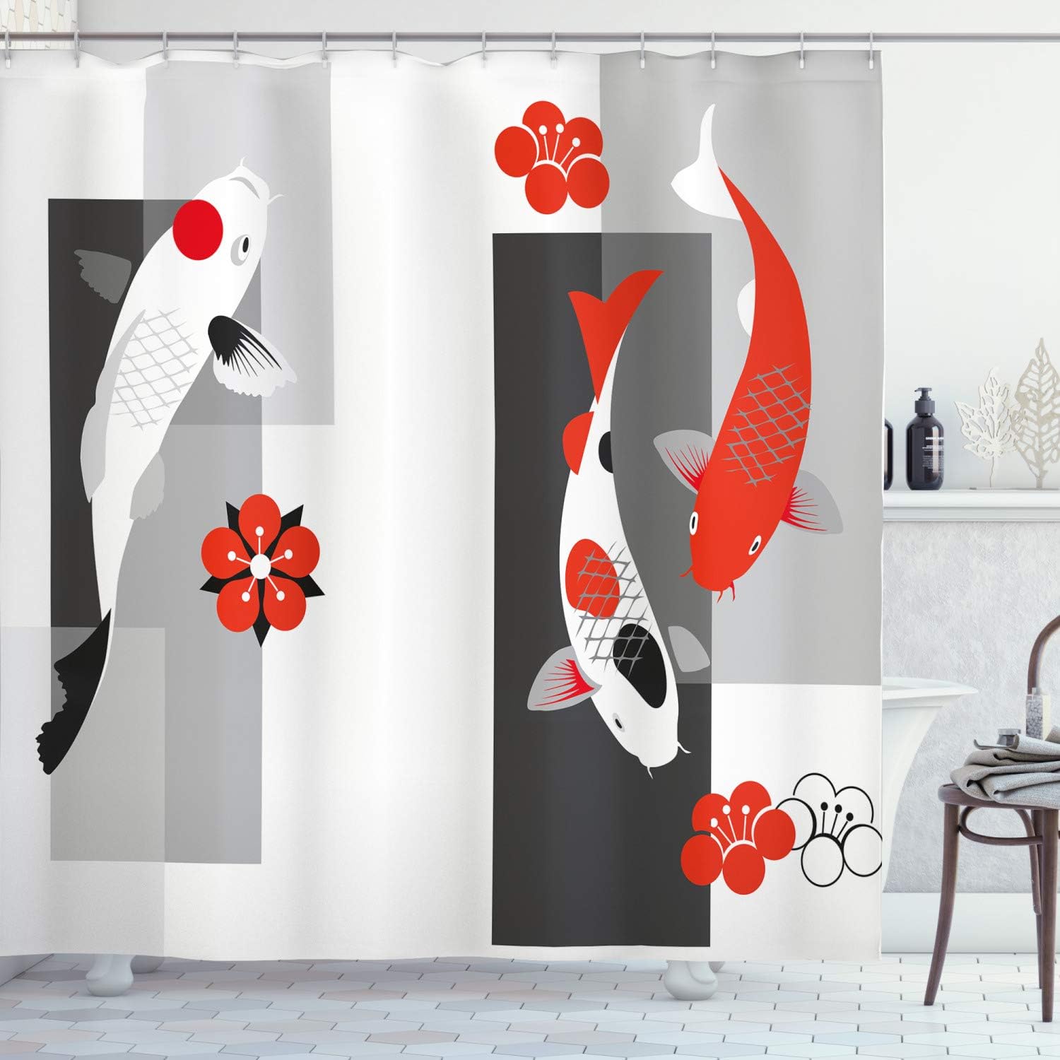 Lunarable Koi Fish Shower Curtain, Carps in Combinations in Abstract Setting with Flowers Print, Cloth Fabric Bathroom Decor Set with Hooks, 69" W x 75" L, Grey White Red