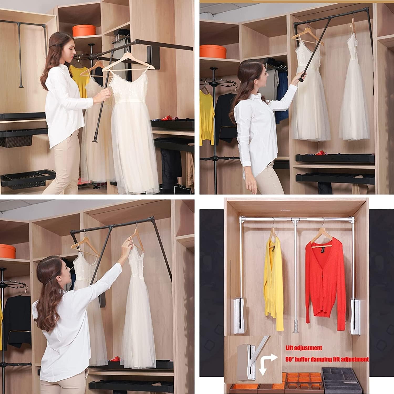 Pull Down Closet Rod - Aluminum Alloy Wardrobe Hanger Lift Rail Organizer for Bedroom and Cloakroom