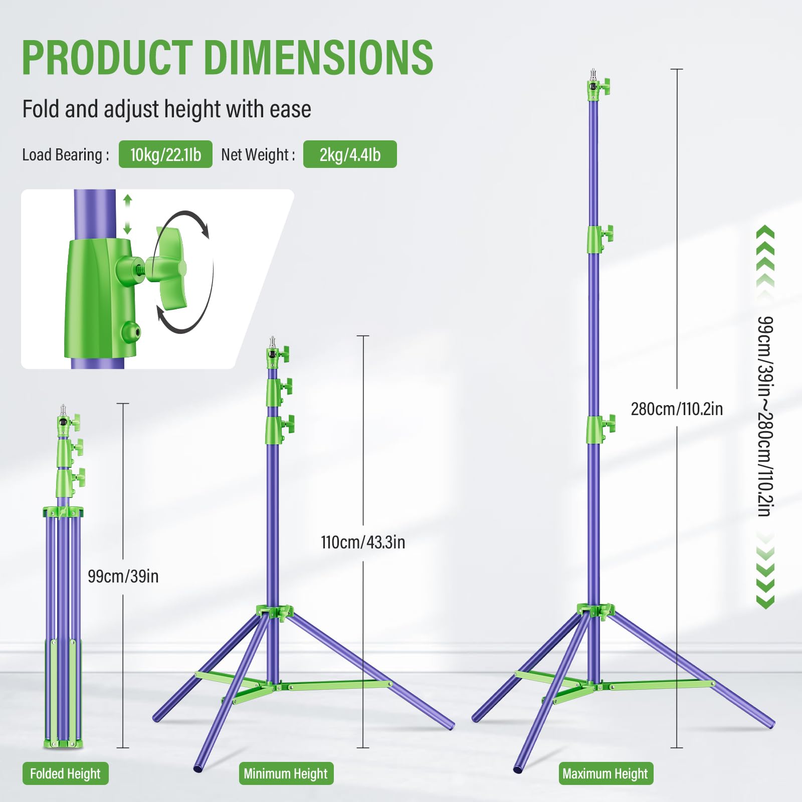 Soonpho Light Stand Pies Soporte Ligero de 280cm 9,1 Totalmente Metálico Amortiguador y Trípode Capacidad de Carga de 10kg para Fotografía en Exteriores y Retransmisiones en Directo (Morado&Verde)