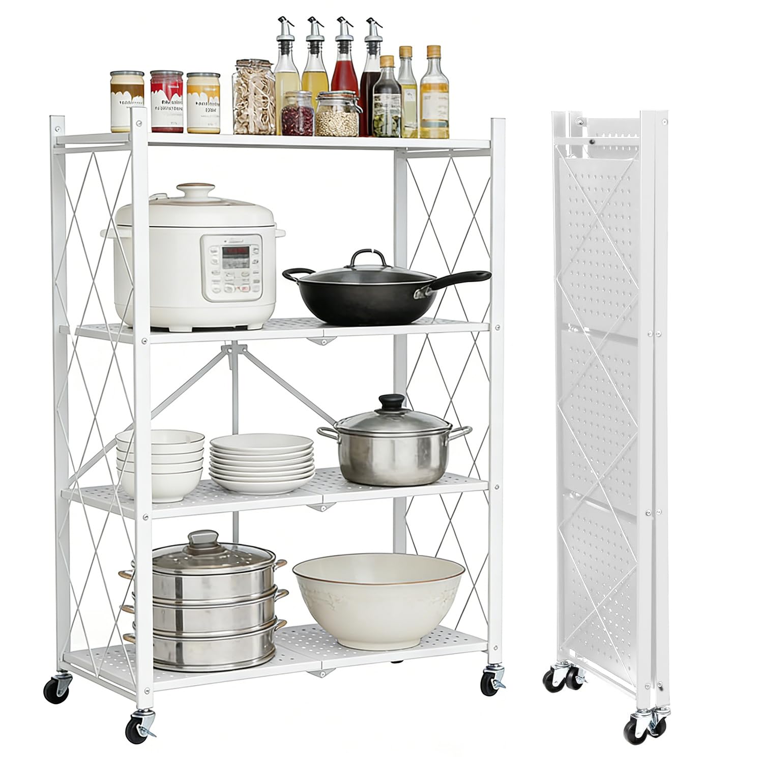4 Etagen Klappregal mit Rollen, Metallregal,Weiß